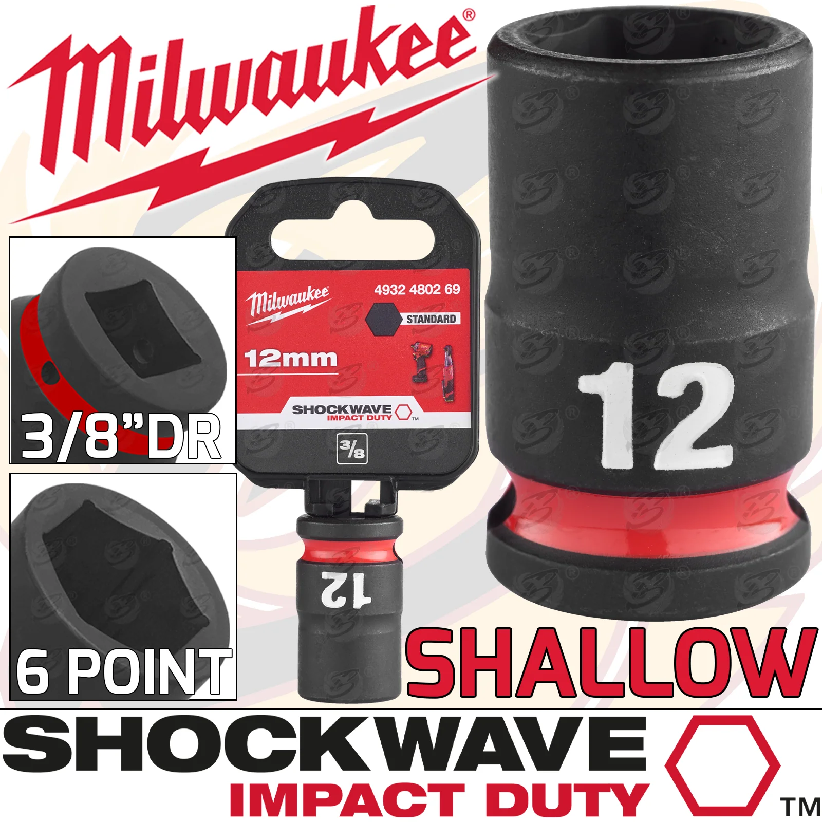 Milwaukee 12mm 3/8″ Drive 6 Point Shallow Impact Socket ( Single ) ( 4932480269 )