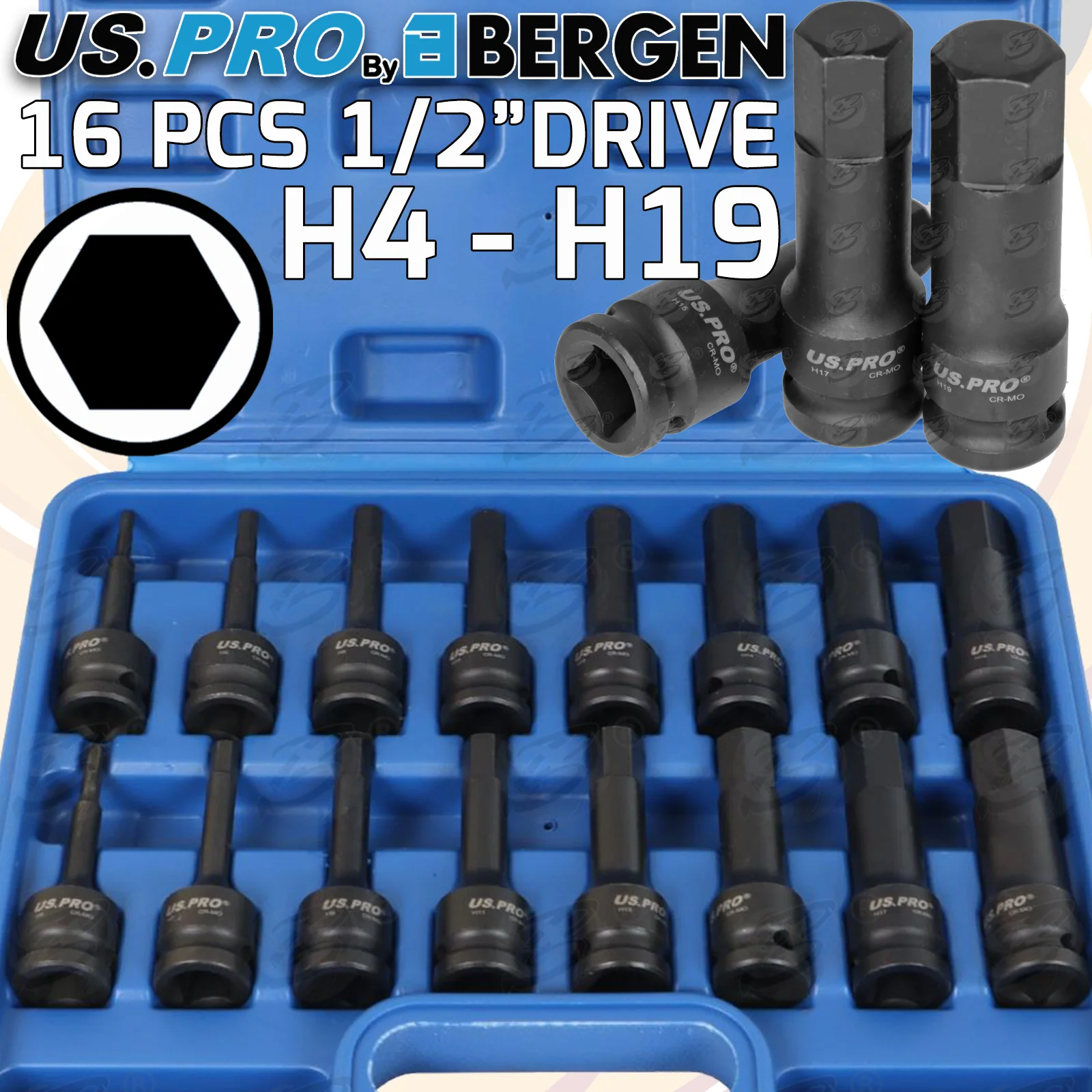 US Pro 16 Piece 1/2″ Drive Impact Hex Bit Sockets H4 – H19  3998