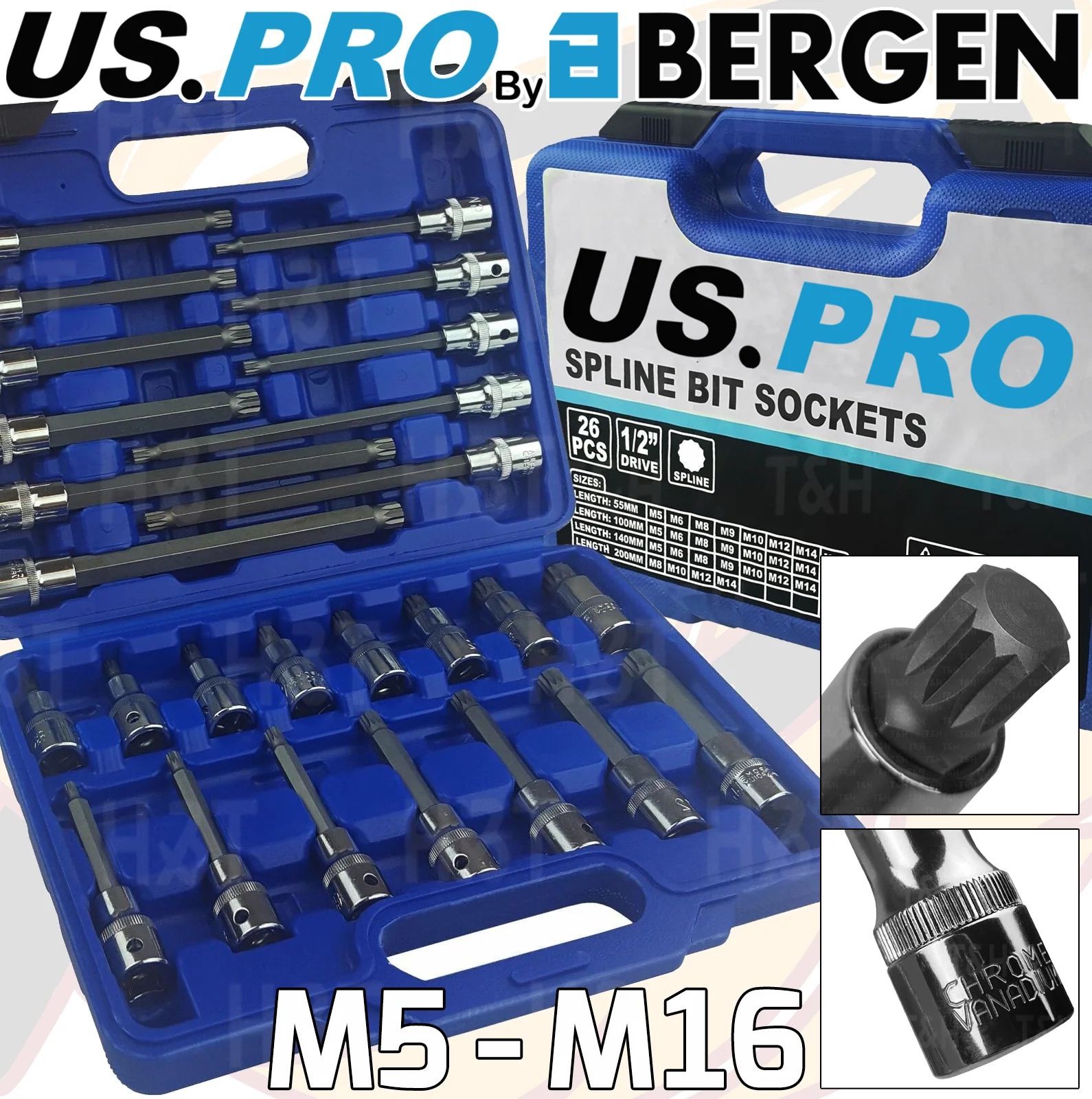 US Pro 26 Piece 1/2″ Drive Spline Bit Sockets M5 – M16  3405