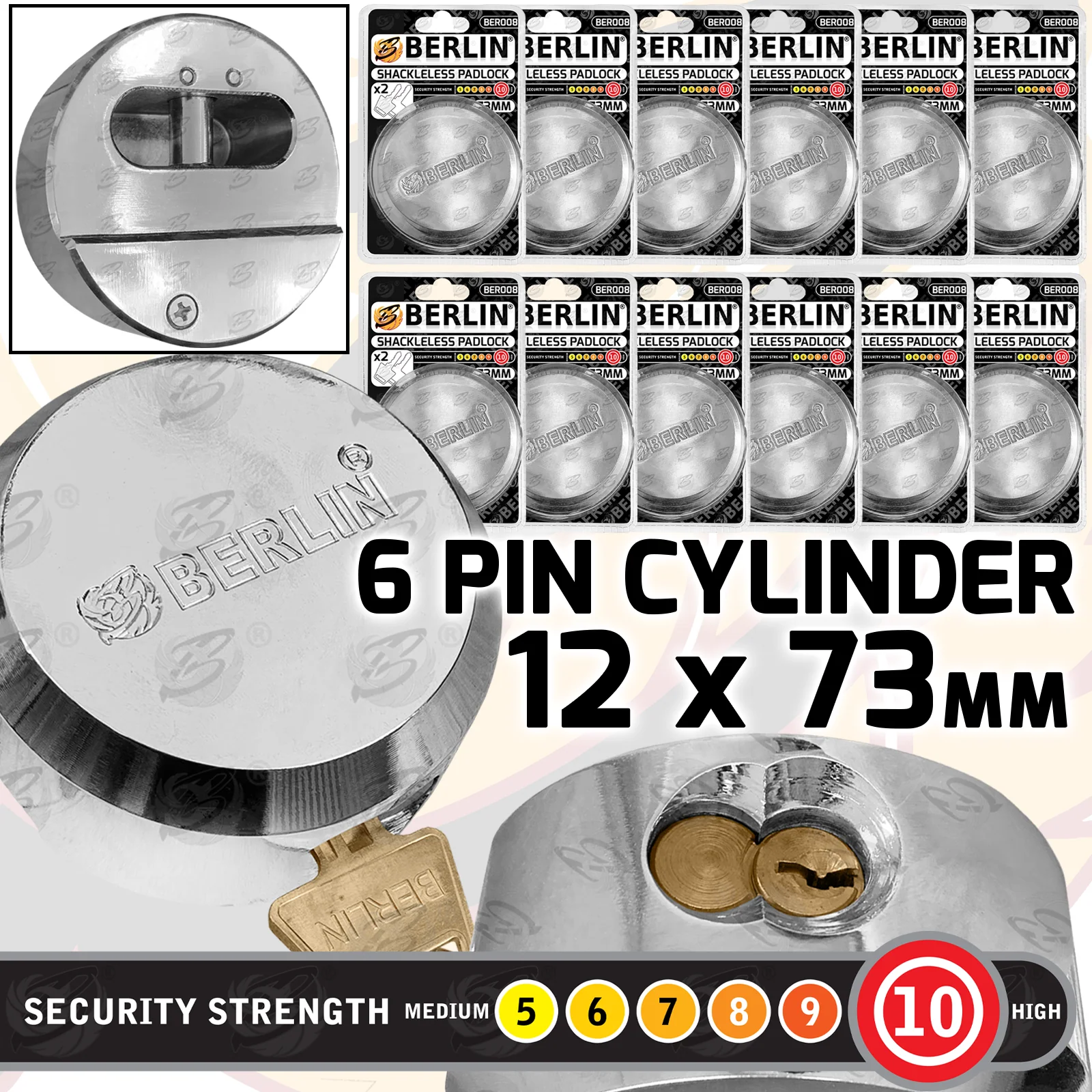 BERLIN 73MM HEAVY DUTY ROUND SHACKLELESS PADLOCK ( x12 )