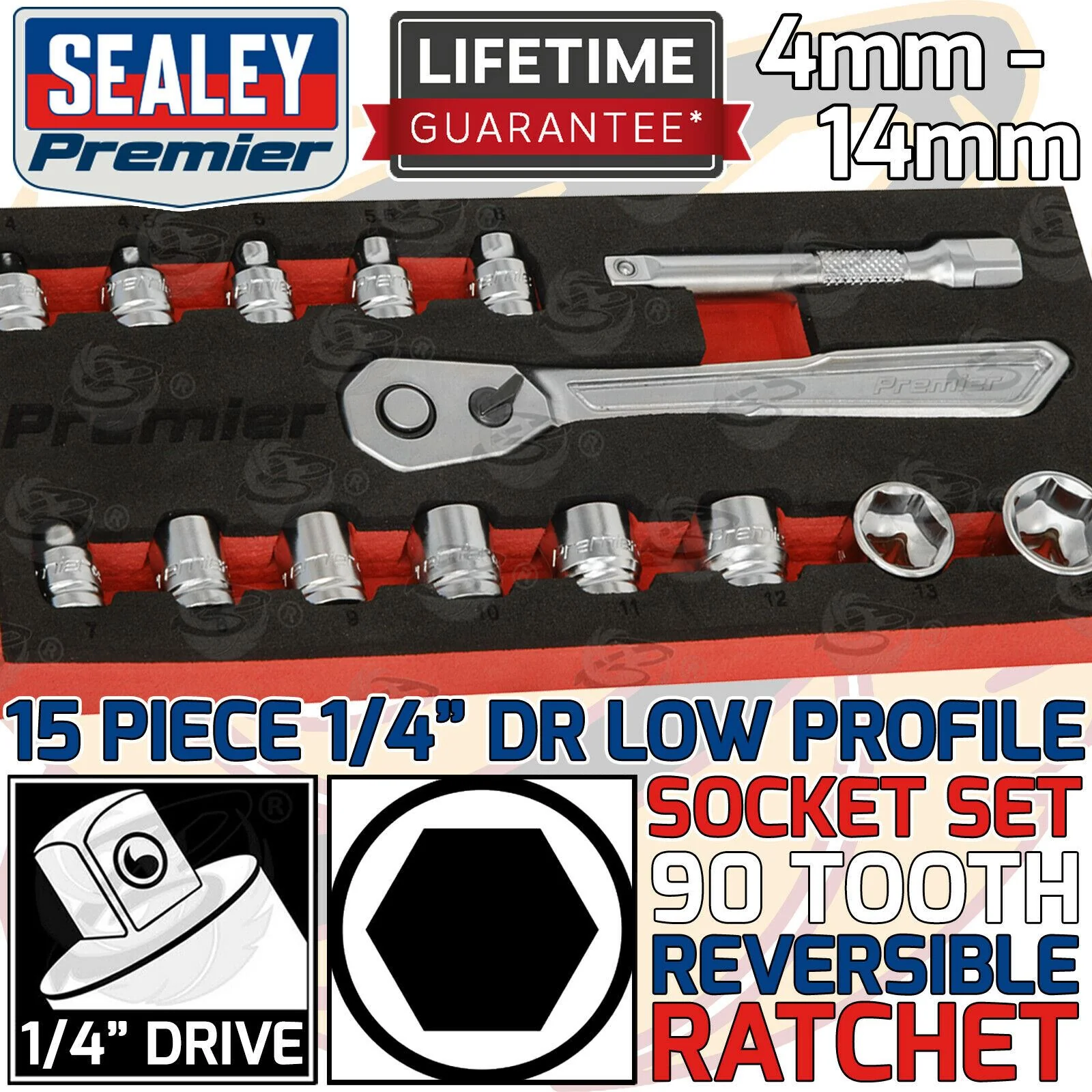 Sealey 15 Piece 1/4″ Drive 6 Point 90 Tooth Low Profile Socket Set 4mm – 14mm ( AK5783 )