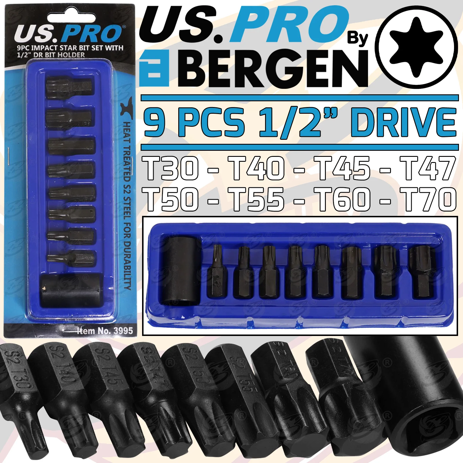 US Pro 9 Piece 1/2″ Drive Impact Torx Bit Sockets T30 – T70  3995 ( DIS )