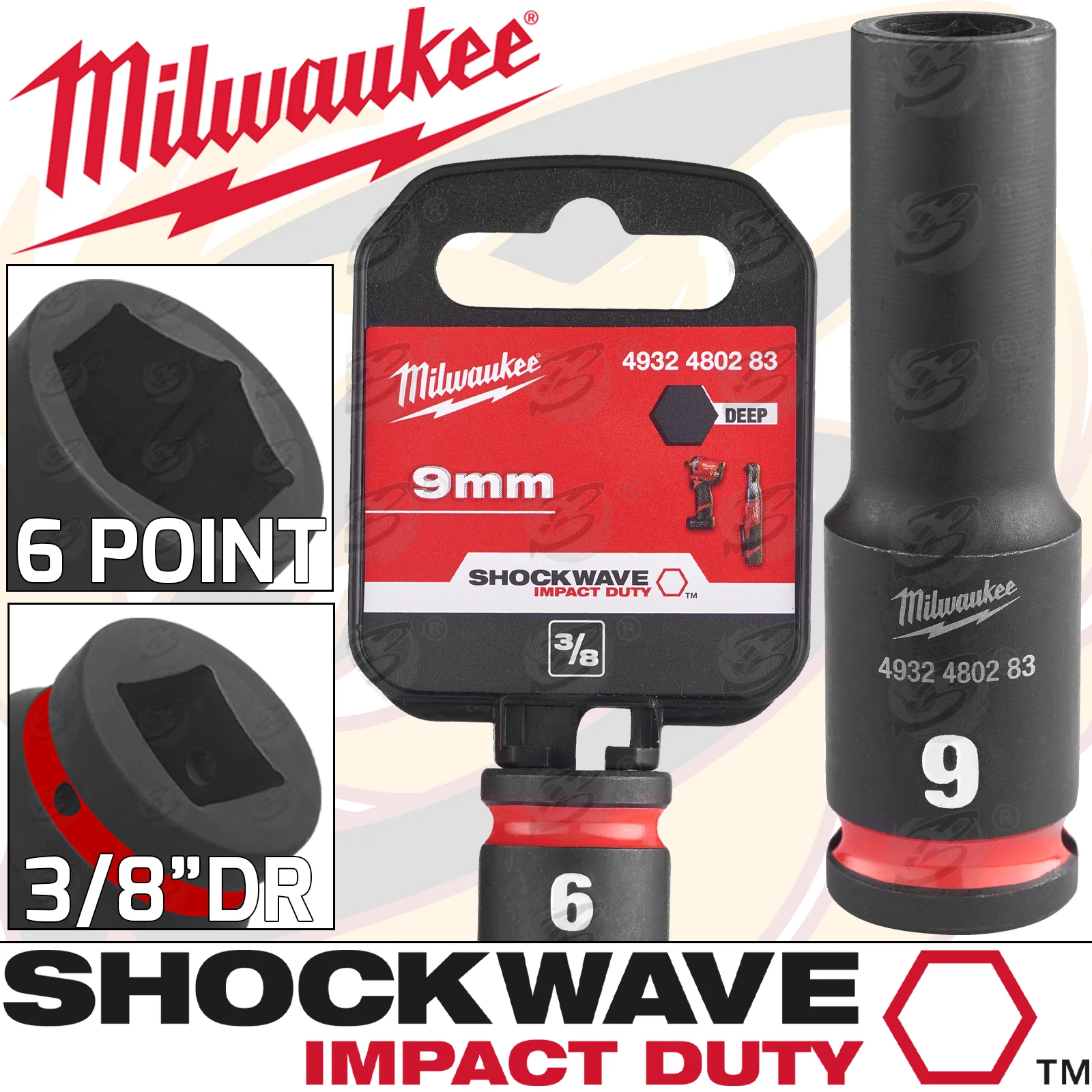 Milwaukee 9mm 3/8″ Drive 6 Point Deep Impact Socket ( Single ) ( 4932480283 )