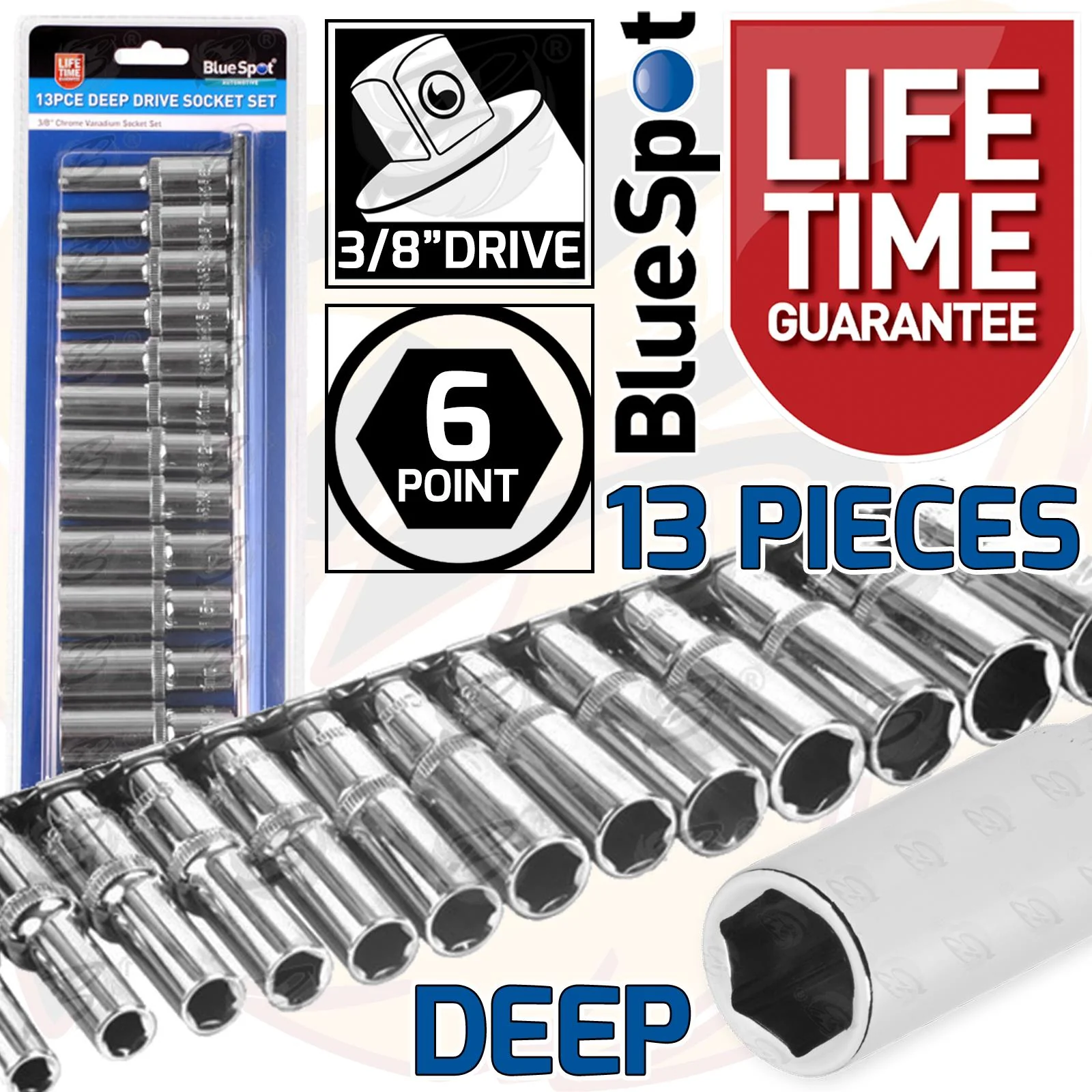 BlueSpot 13 Piece 3/8″ Drive 6 Point Deep Sockets 6mm – 19mm ( 01542 )