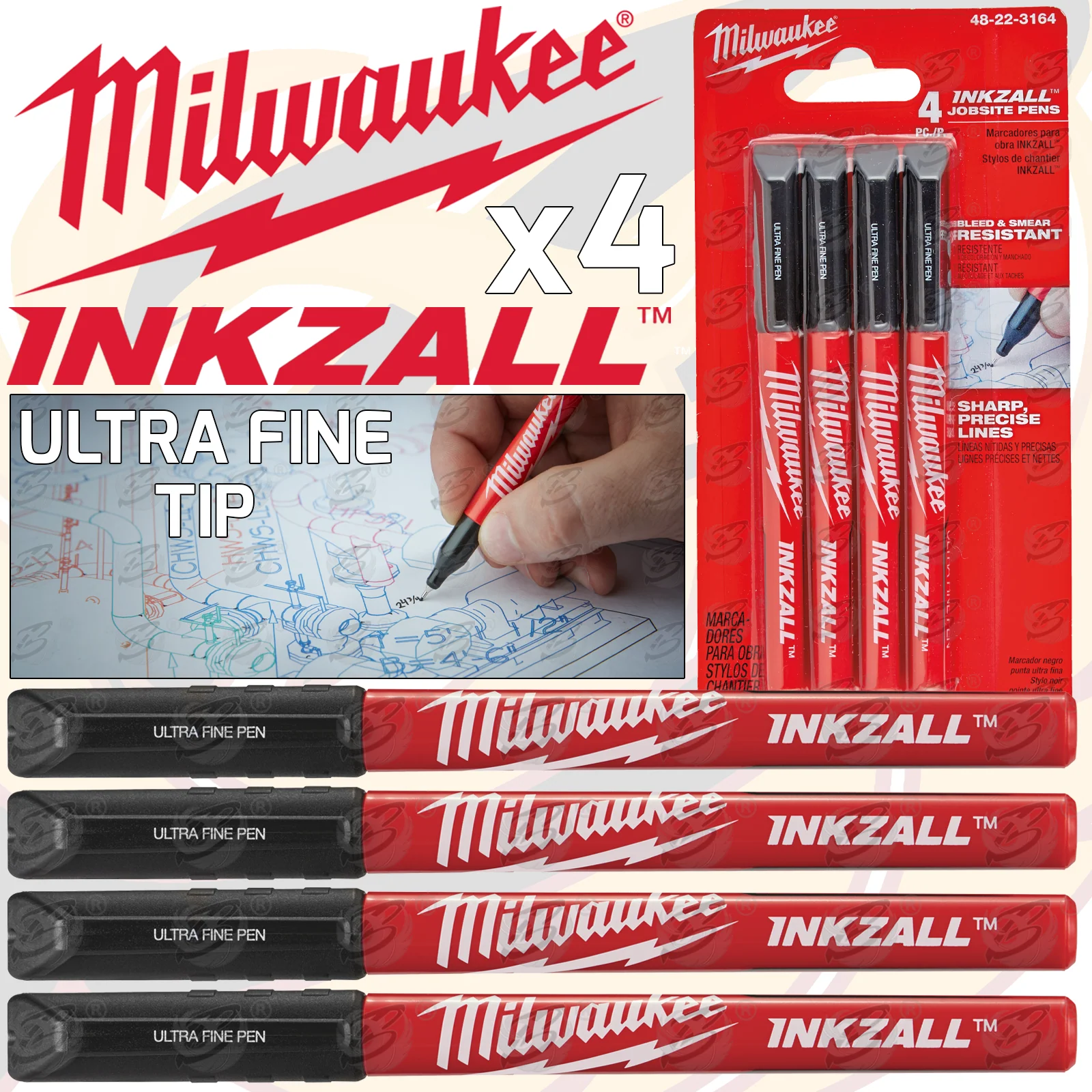 Milwaukee Inkzall Ultra Fine Point 0.6mm Marker Pens ( x 4 ) ( 48223164 )