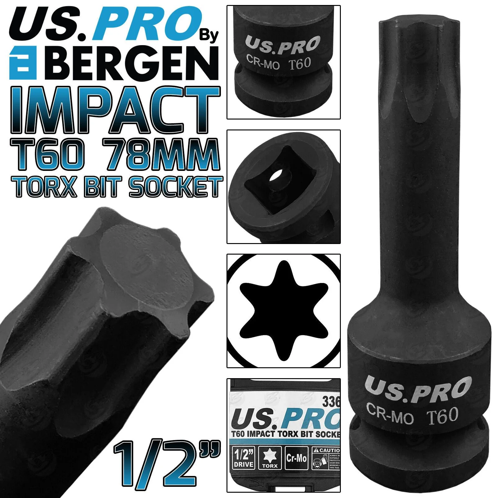 US Pro T60 1/2″ Drive 78mm Long Impact Torx Bit Socket ( Single )  3361