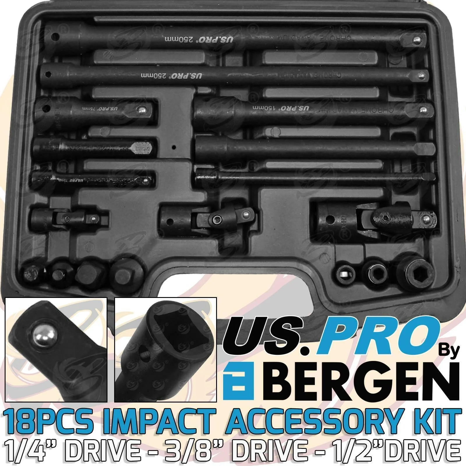 US Pro 18 Piece 1/4″ & 3/8″ & 1/2″ Drive Impact Accessory Kit  3685