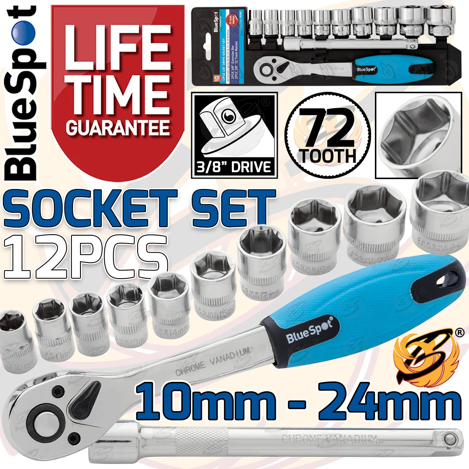BlueSpot 12 Piece 3/8″ Drive 6 Point Socket Set 10mm – 24mm ( 01502 )