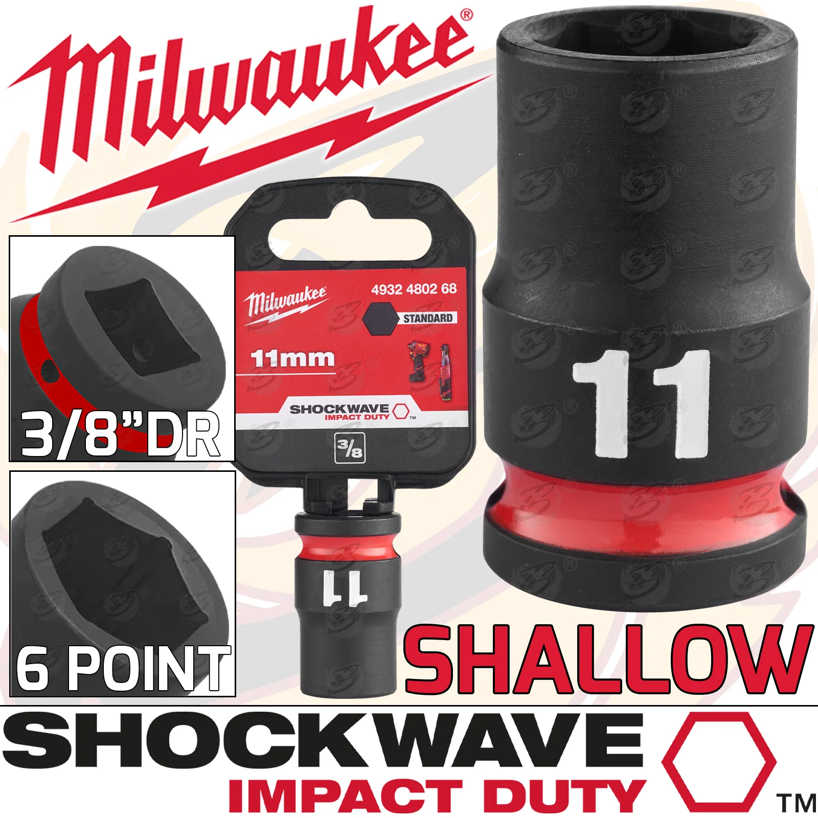 Milwaukee 11mm 3/8″ Drive 6 Point Shallow Impact Socket ( Single ) ( 4932480268 )