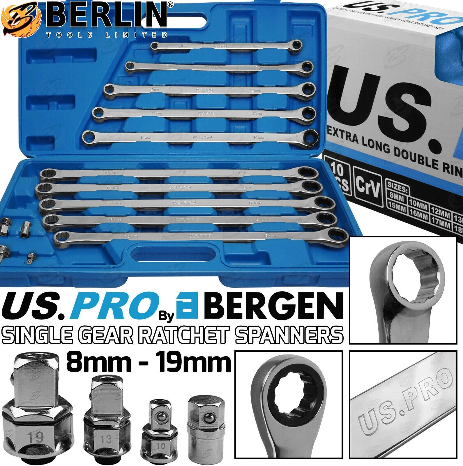 US Pro 10 Piece Single Ring Extra Long Ratchet Aviation Spanners 8mm – 10mm  3224