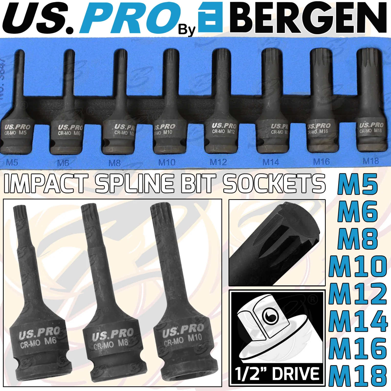 US Pro 8 Piece 1/2″ Drive Impact Spline Bit Sockets M5 – M18  3847
