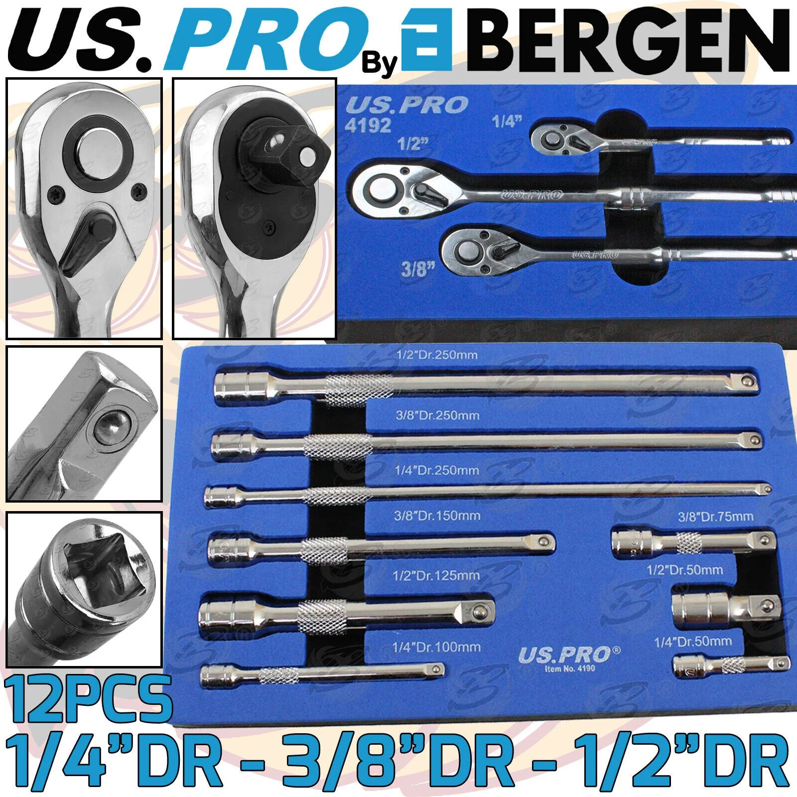 US Pro Ratchet Handle & Extension Bar Set 1/4″ 3/8″ 1/2″ Drive Long Reach Wrench  4190 & 4192