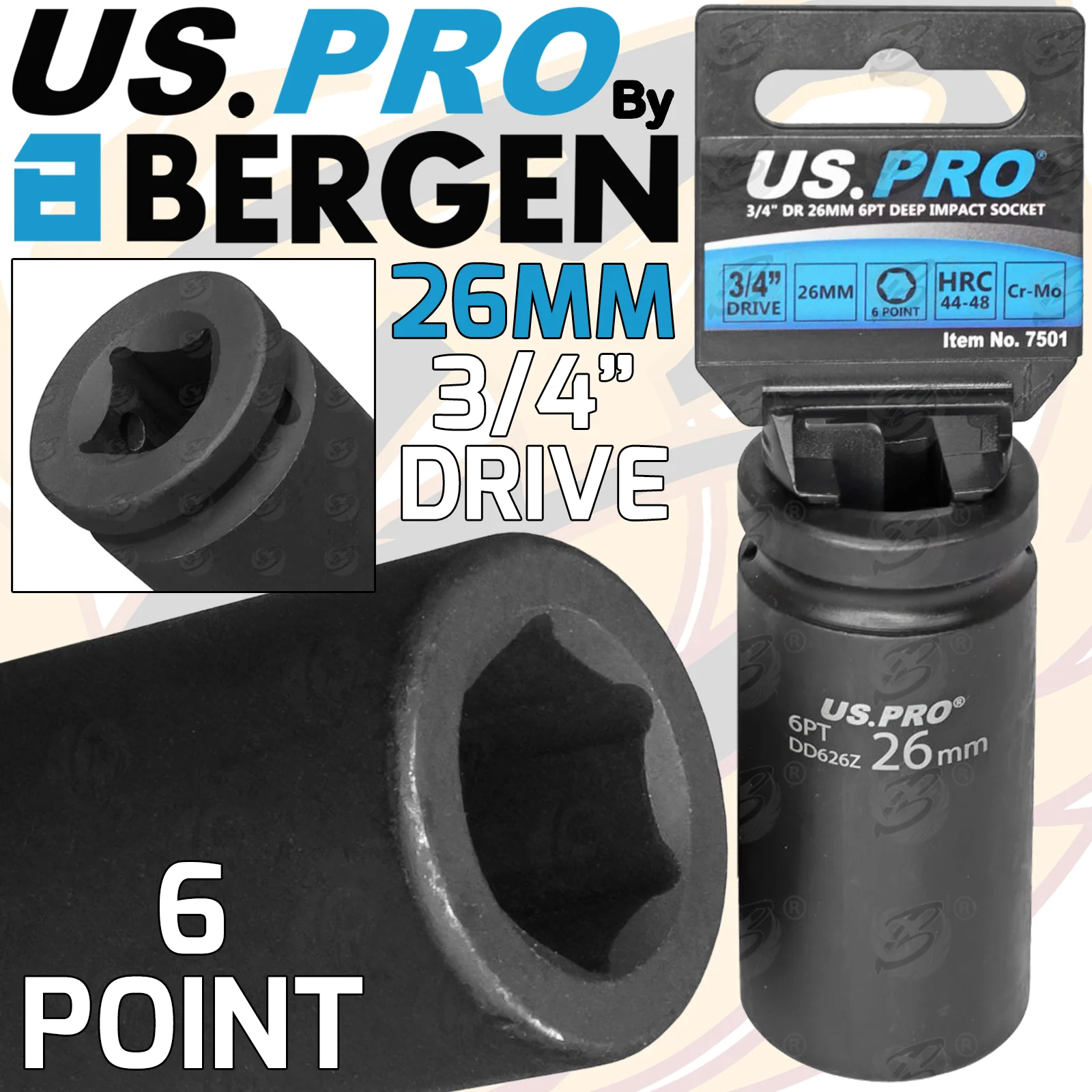 US Pro 26mm 3/4″ Drive 6 Point Deep Impact Socket  7501