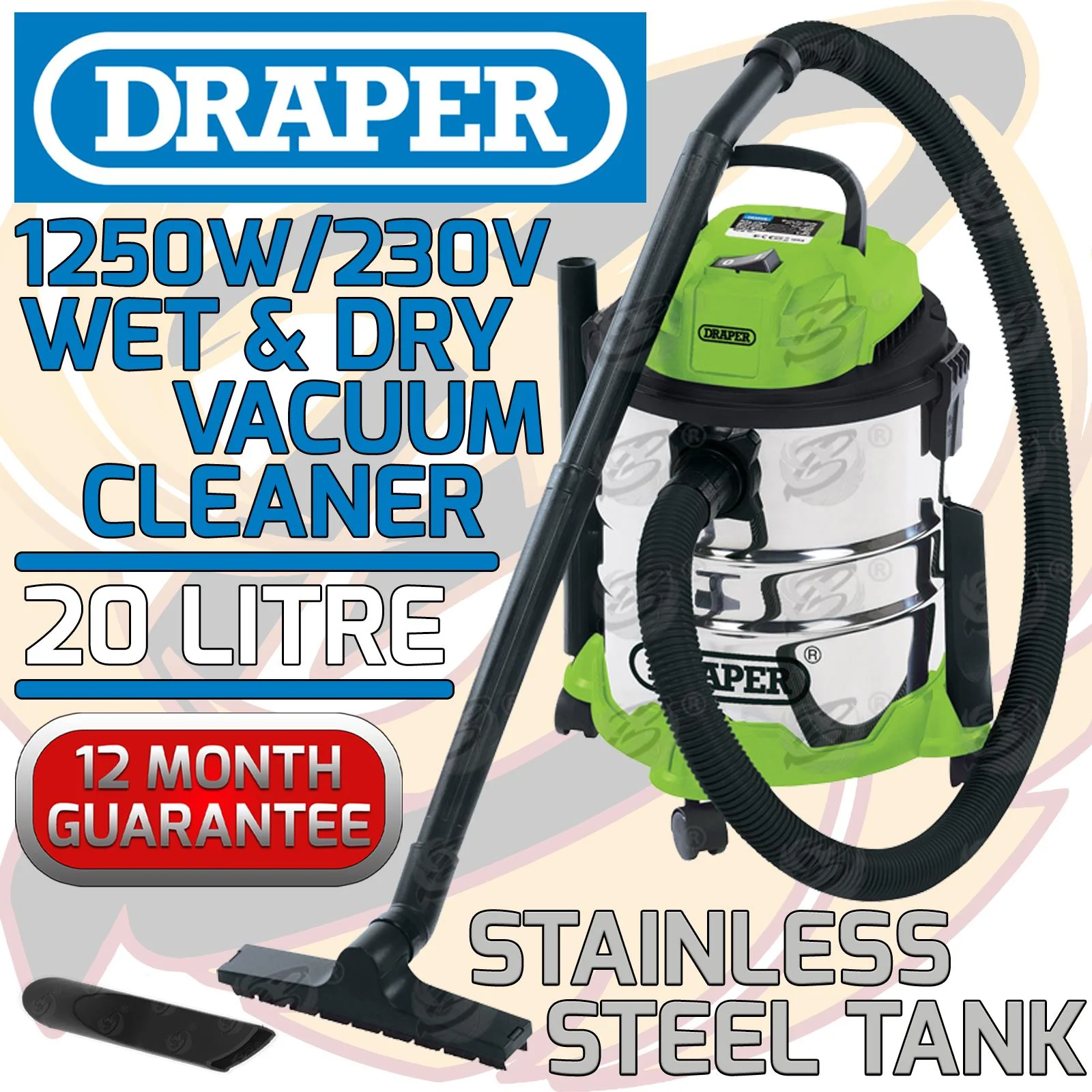 Draper Wet And Dry Vacuum Cleaner 20L 1250W / 240V Water Dirt Carpet Washer ( 35569 )