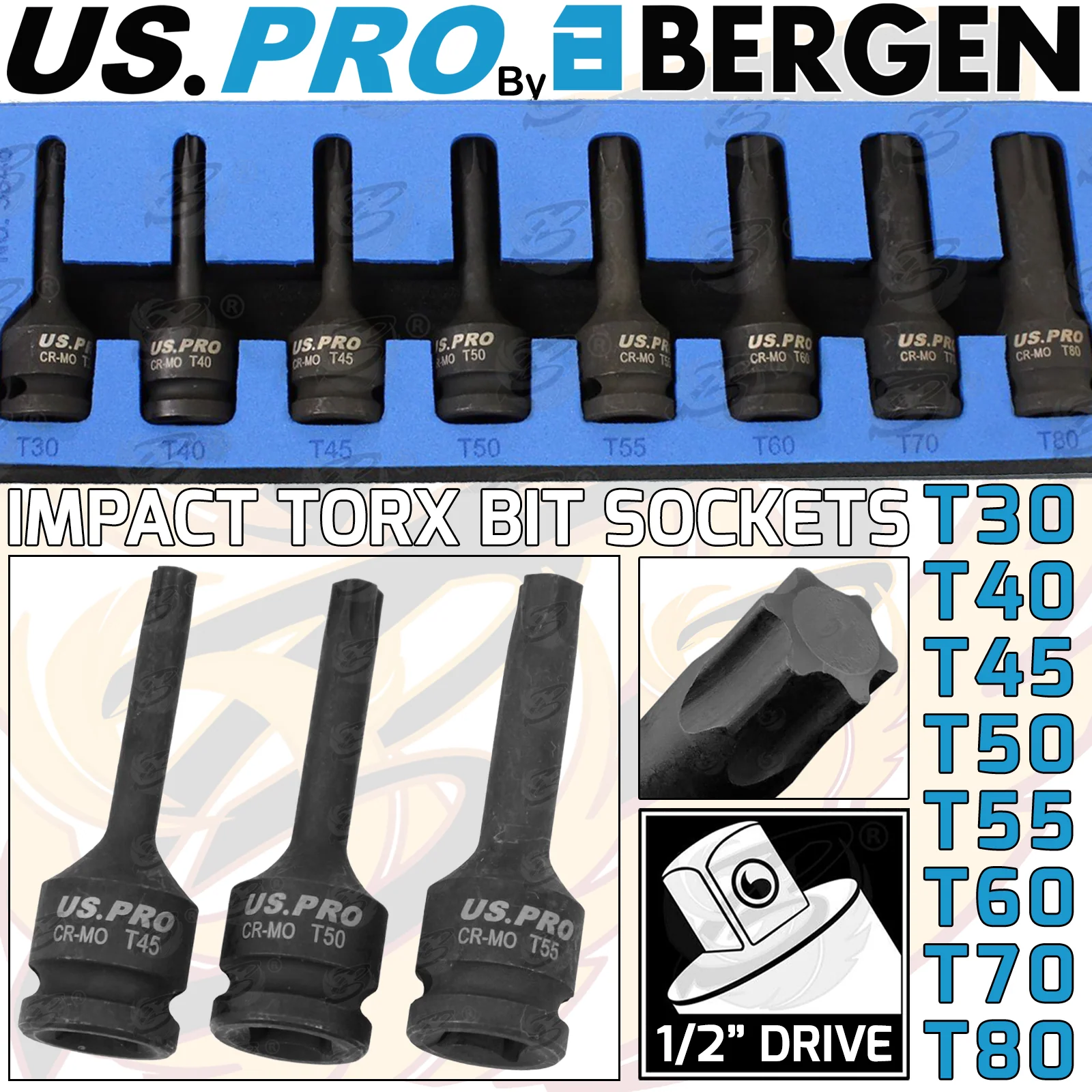 US Pro 8 Piece 1/2″ Drive Impact Torx Bit Sockets T30 – T80  3846