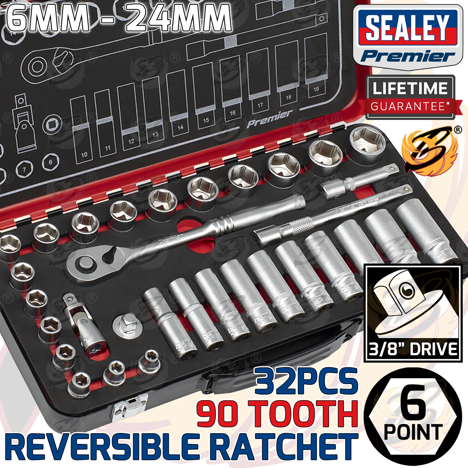 Sealey 32 Piece 3/8″ Drive 6 Point 90 Tooth Premier Platinum Socket Set 6mm – 24mm ( AK7922 )