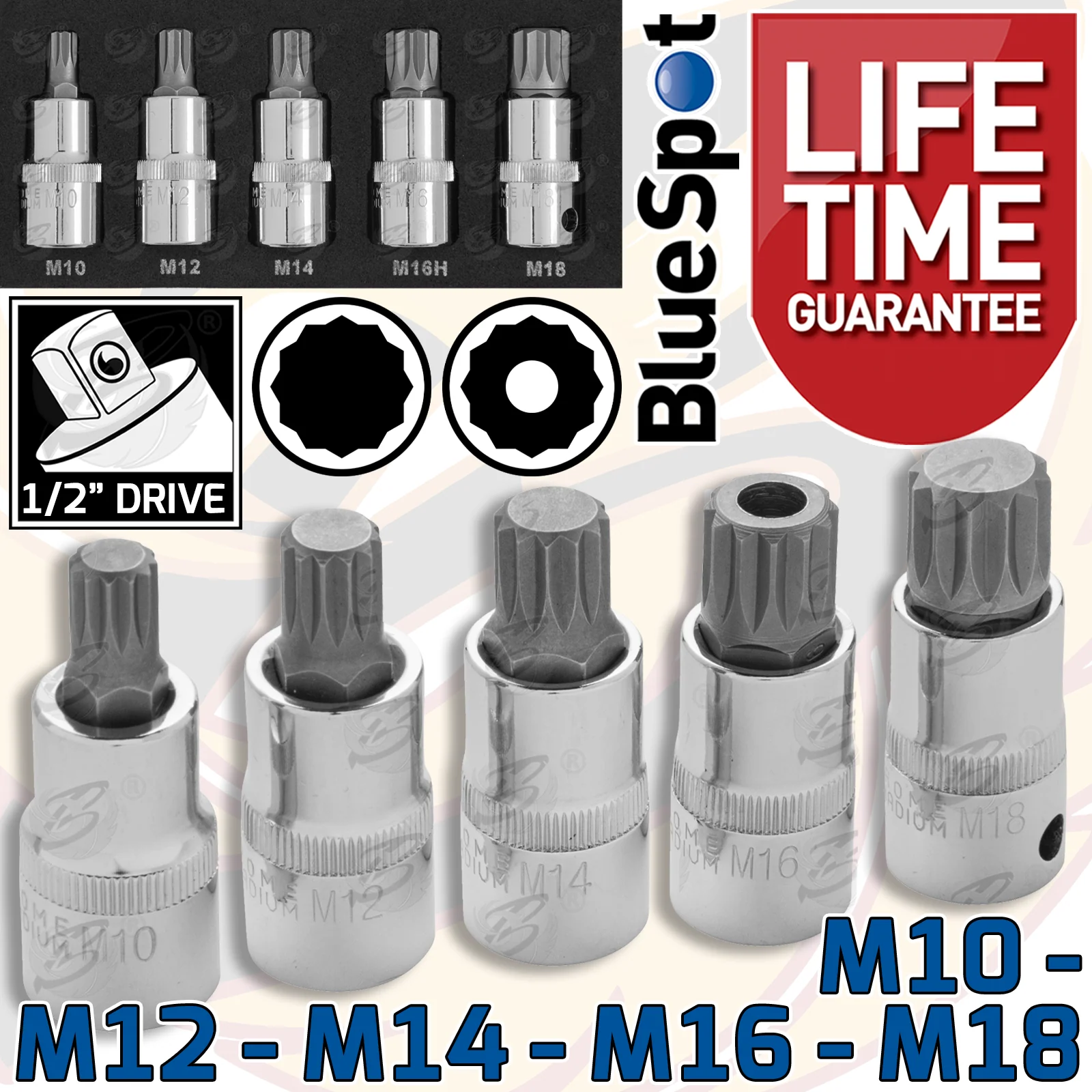 BlueSpot 5 Piece 1/2″ Drive Spline Bit Sockets ( M10 – M18 ) ( 01509 )