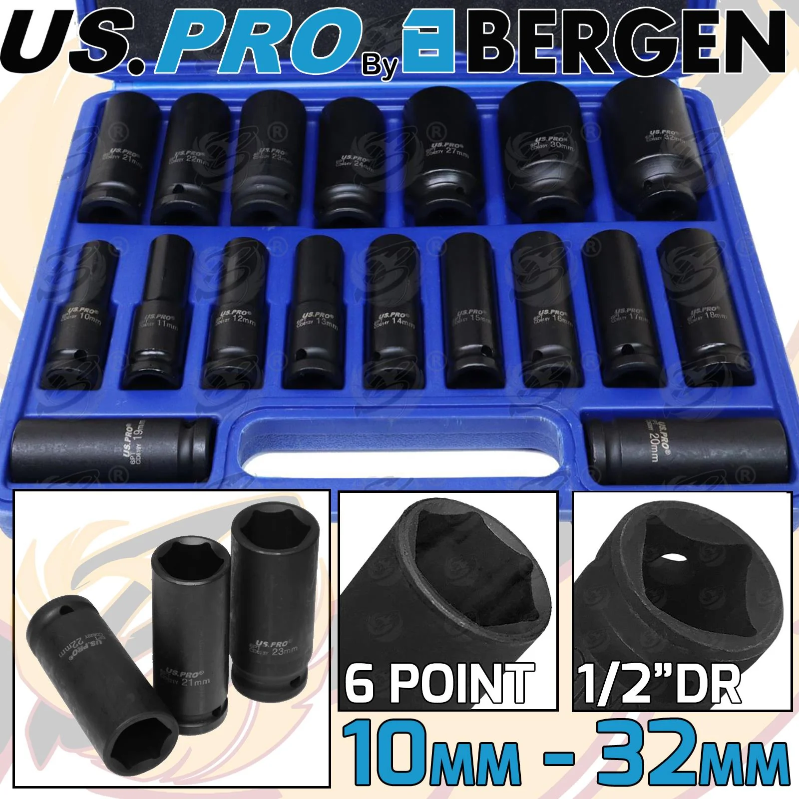 US Pro 18 Piece 1/2″ Drive 6 Point Deep Impact Sockets 10mm – 32mm  3923