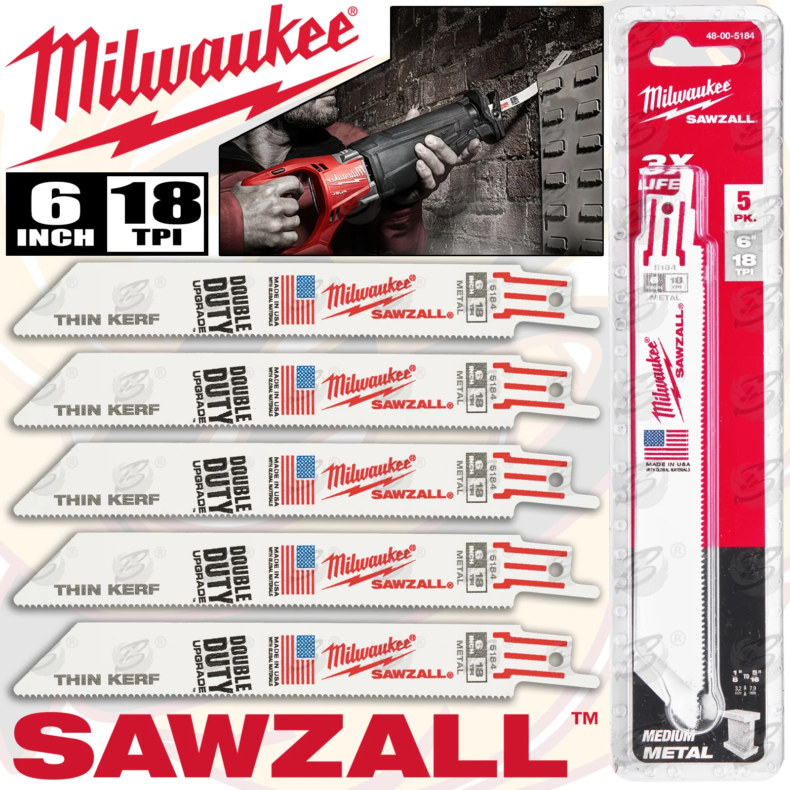 Milwaukee Sawzall Reciprocating Saw Blade 150mm x 18Tpi Metal Saw Blades ( x 5 ) ( 48005184 )
