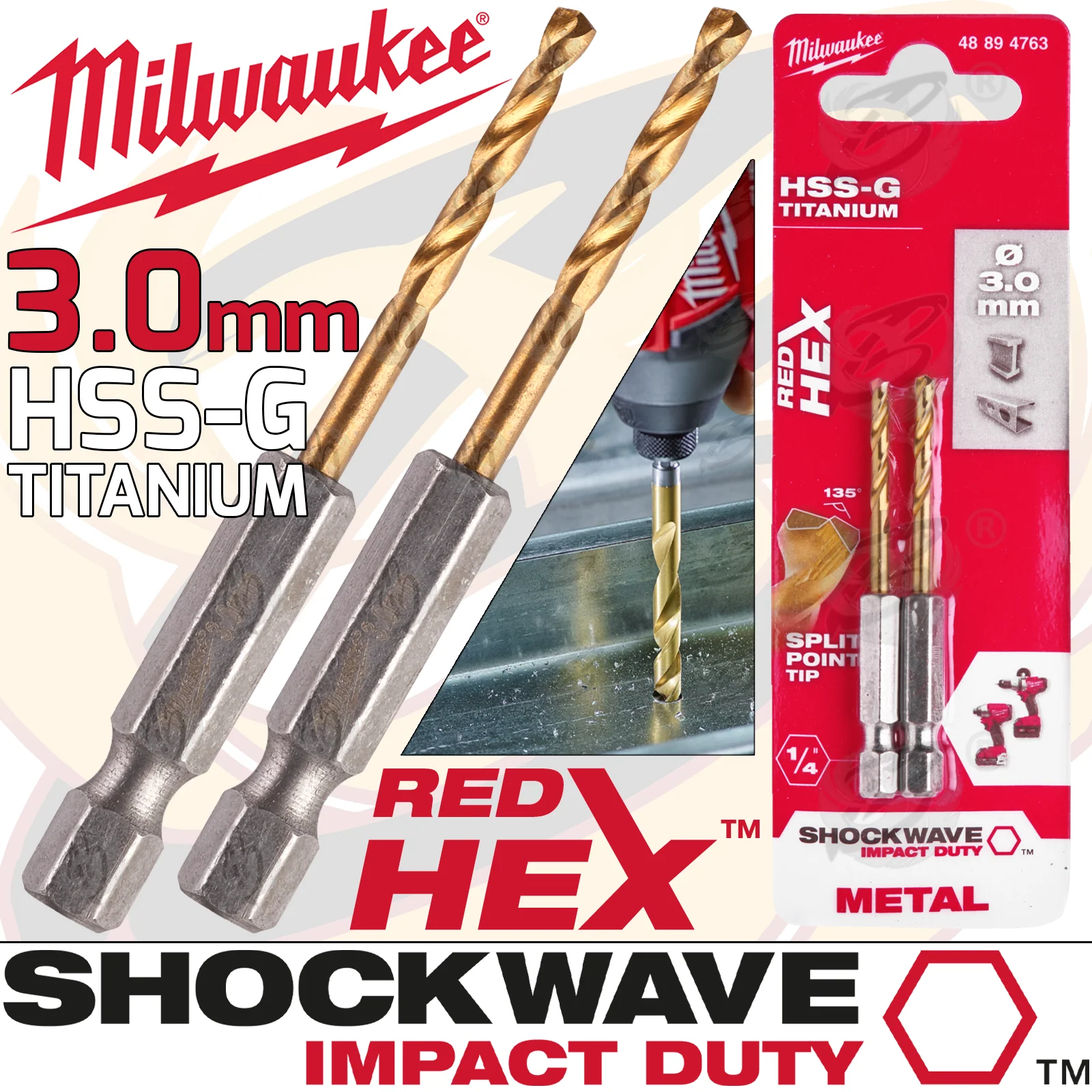 Milwaukee 3mm HSS Titanium Metal Red Hex Drill Bit ( 48894763 )