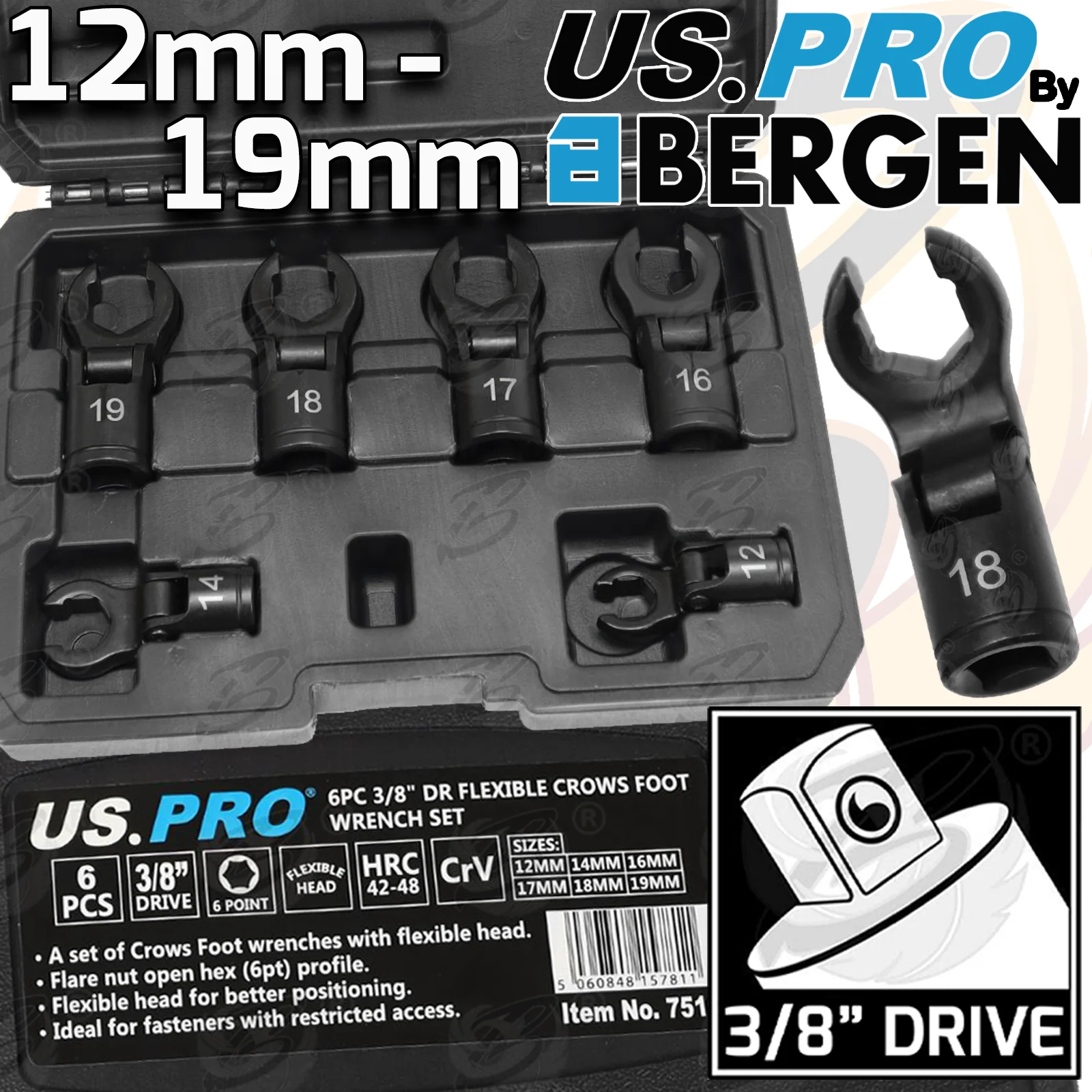 US Pro 6 Piece 3/8″ Drive Flexible Crows Foot Wrench Sockets ( 12mm – 19mm ) ( Black )  7516