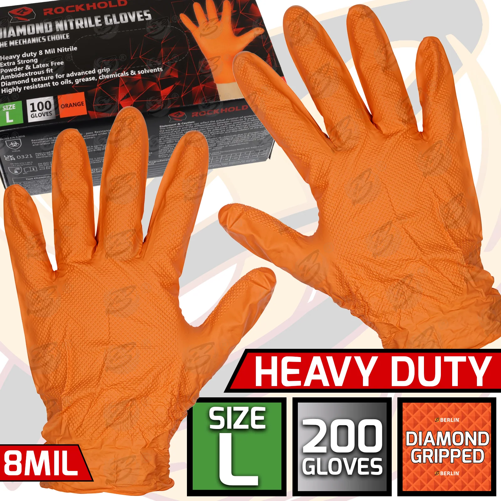 Rockhold Heavy Duty Orange 8 Mil Nitrile Diamond Grip Gloves ( Large – 200 Gloves )  90013 / L ( 2 BOXES )