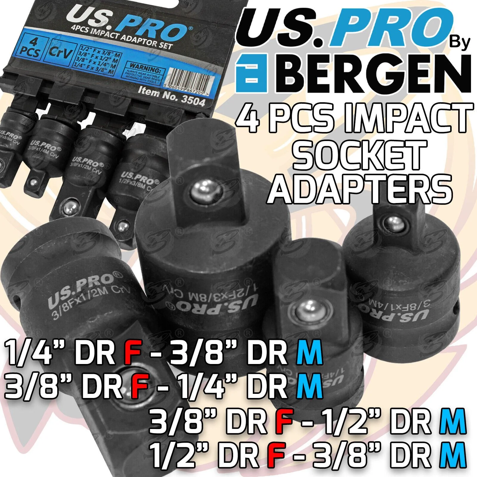 US Pro 4 Piece Impact Socket Adaptors ( 1/4″ – 1/2″ )  3504
