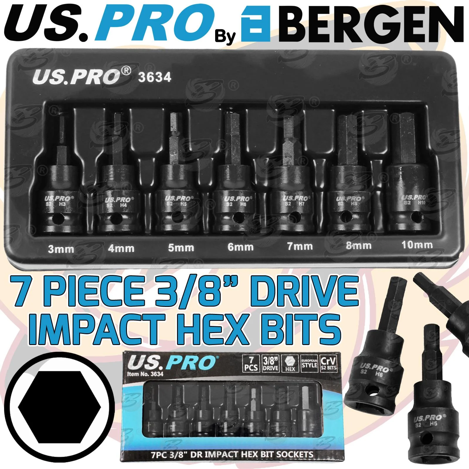 US Pro 7 Piece 3/8″ Drive Impact Hex Bit Sockets H3 – H10  3957