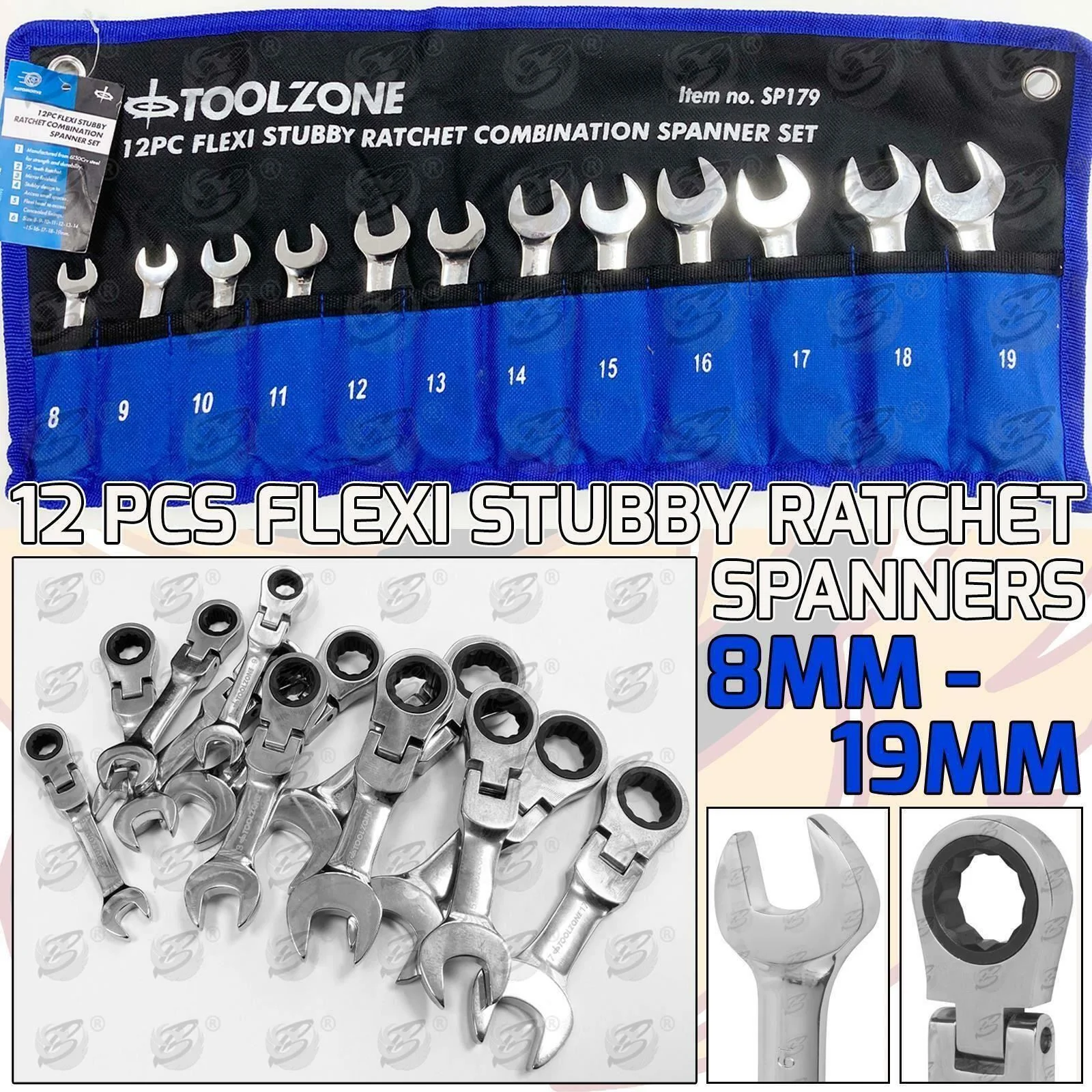 Toolzone 12 Piece Combination Stubby Flexible Ratchet Spanner Set 8mm – 19mm ( SP179 )