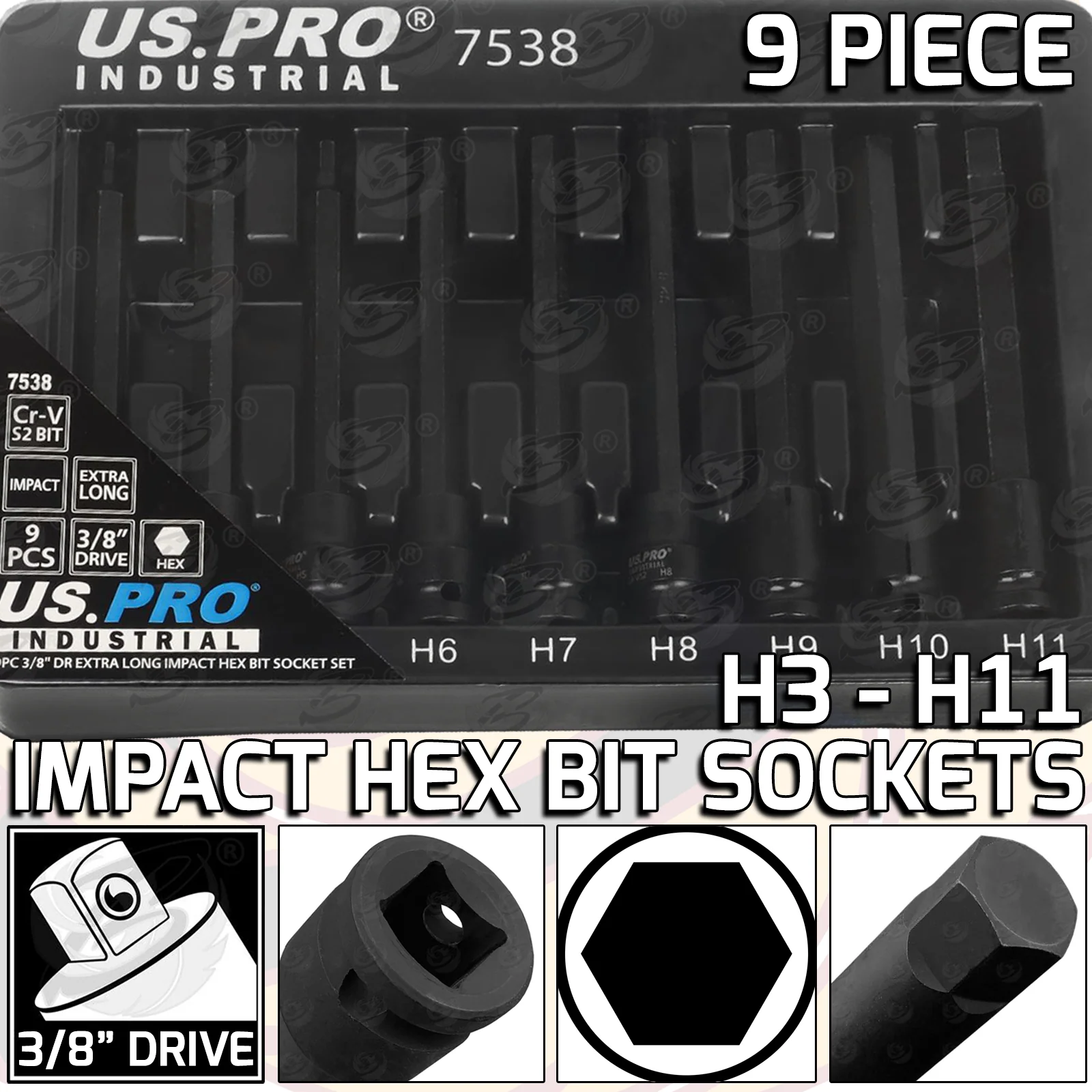 US Pro Industrial 9 Piece 3/8″ Drive Extra Long Impact Hex Bit Sockets H3 – H11  7538