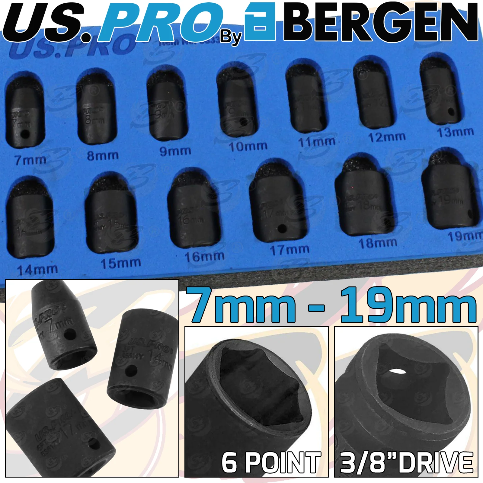 US Pro 13 Piece 3/8″ Drive 6 Point Shallow Impact Sockets 7mm – 19mm  3833
