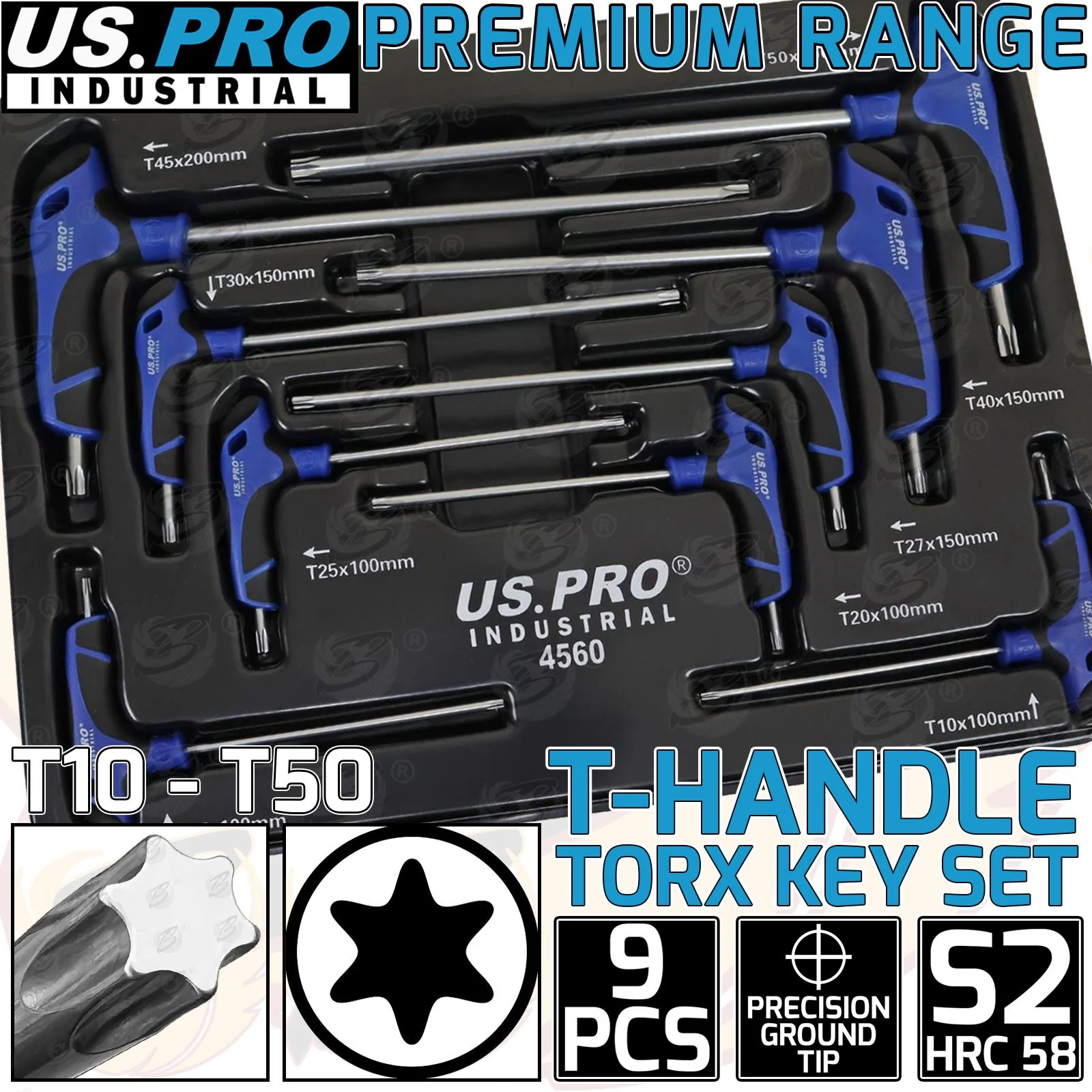 US Pro Industrial 9 Piece T Handle Torx Keys T10 – T50  4560