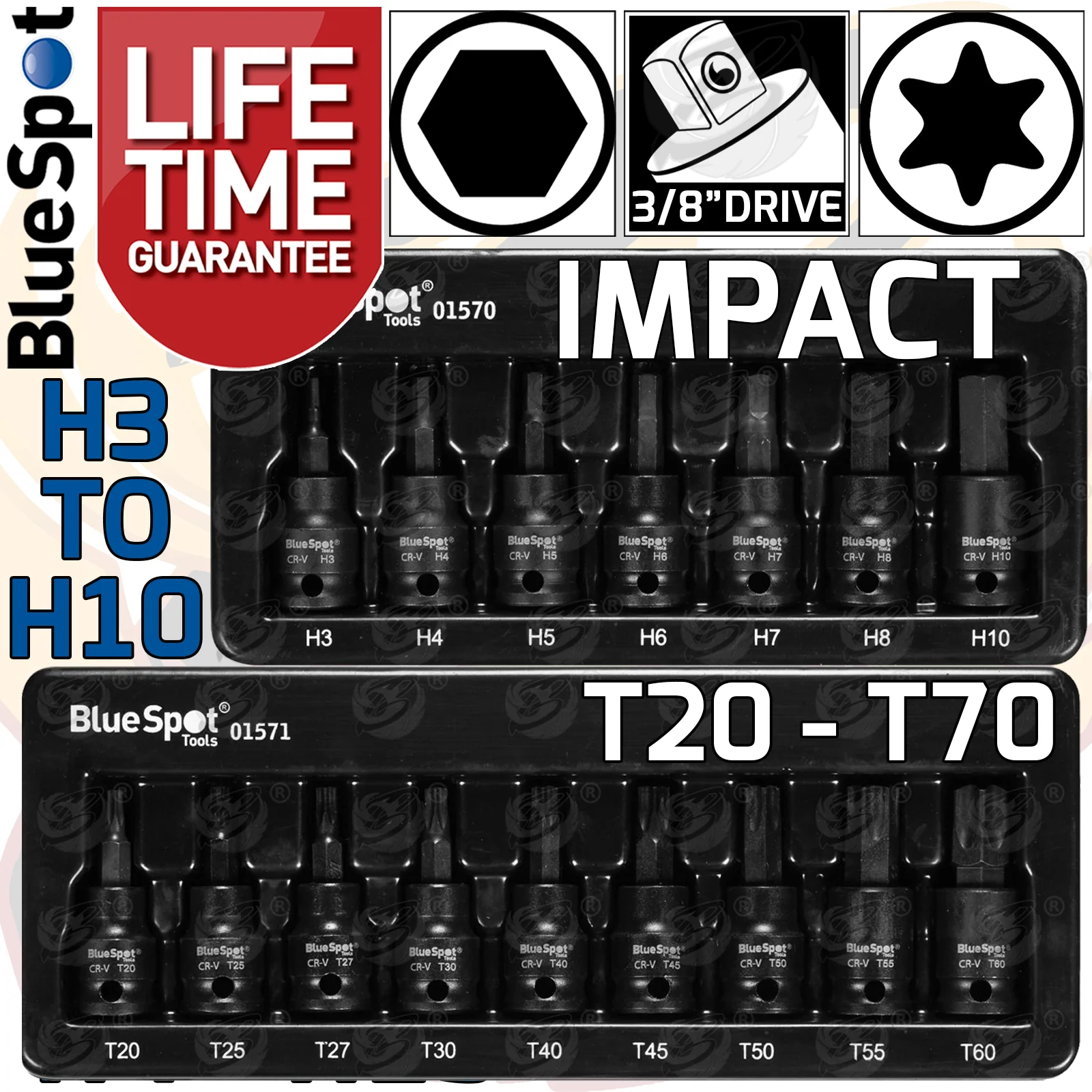 BLUESPOT 16PCS 3/8″ DRIVE IMPACT HEX & TORX BIT SOCKETS ( H3 – H10 ) ( T20 – T70 )
