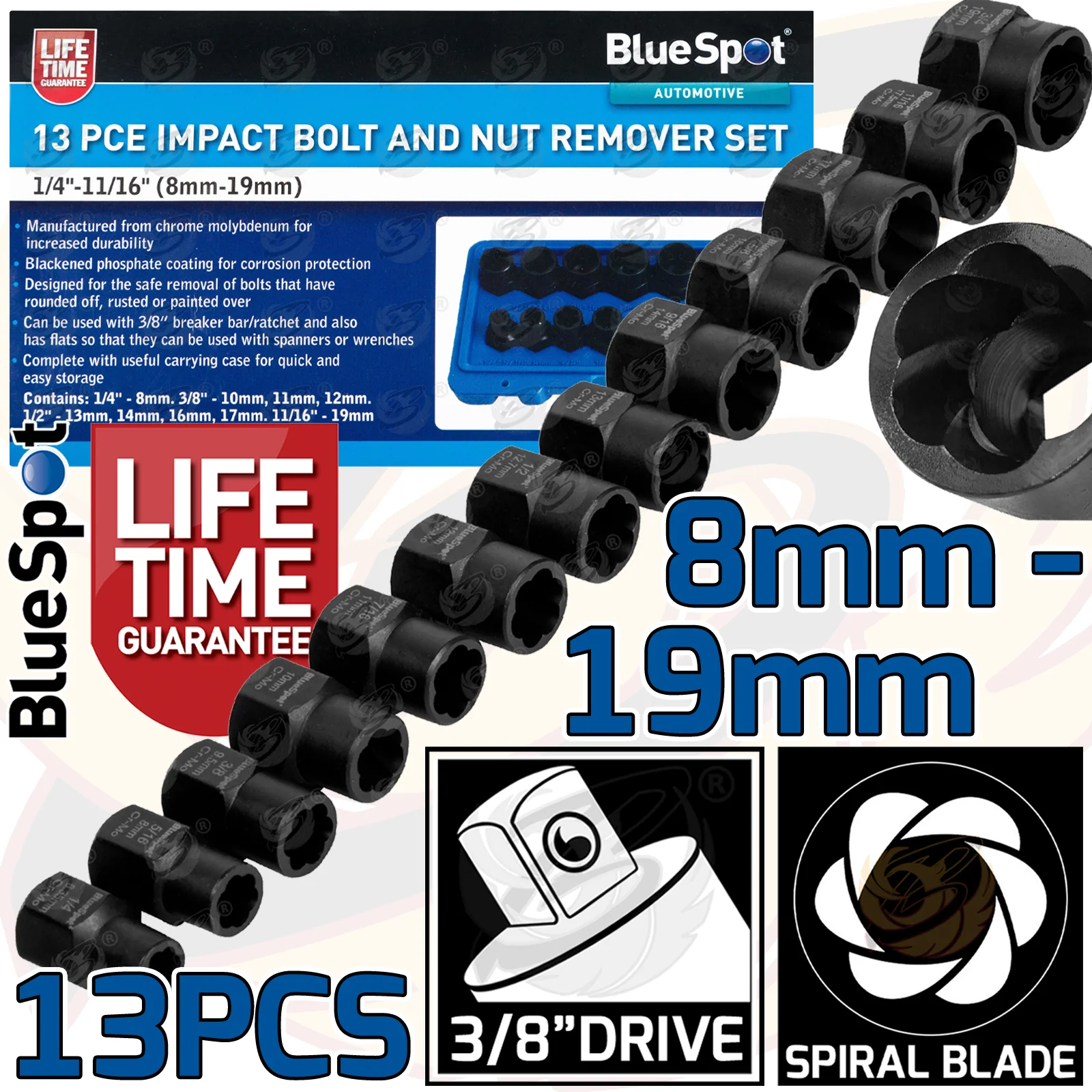 BlueSpot 13 Piece 3/8″ Drive Impact Twist Sockets 8mm – 19mm ( 01555 )