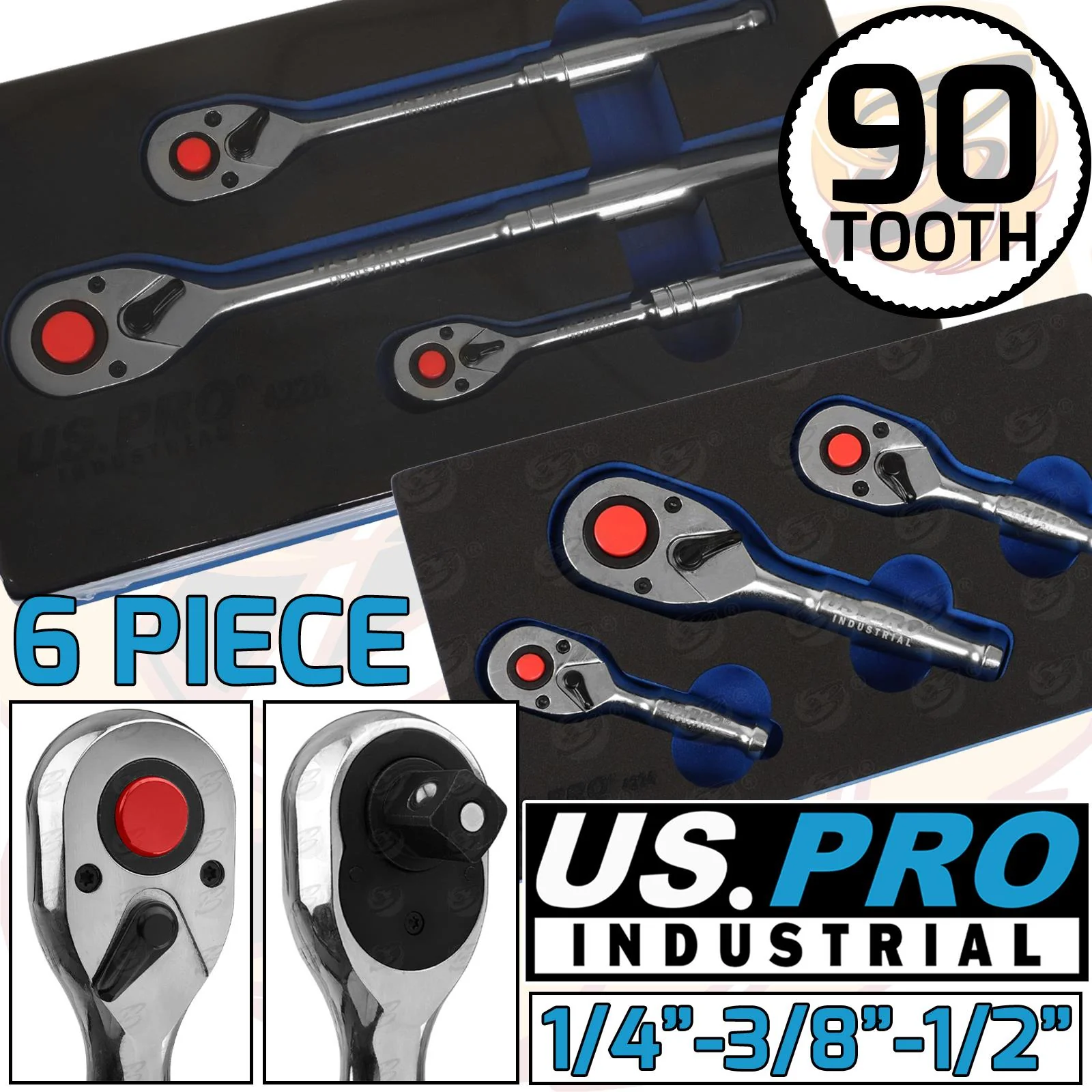 US Pro Industrial 6 Piece 1/4″ & 3/8″ & 1/2″ Drive 90 Tooth Ratchet Handles  4224 & 4228