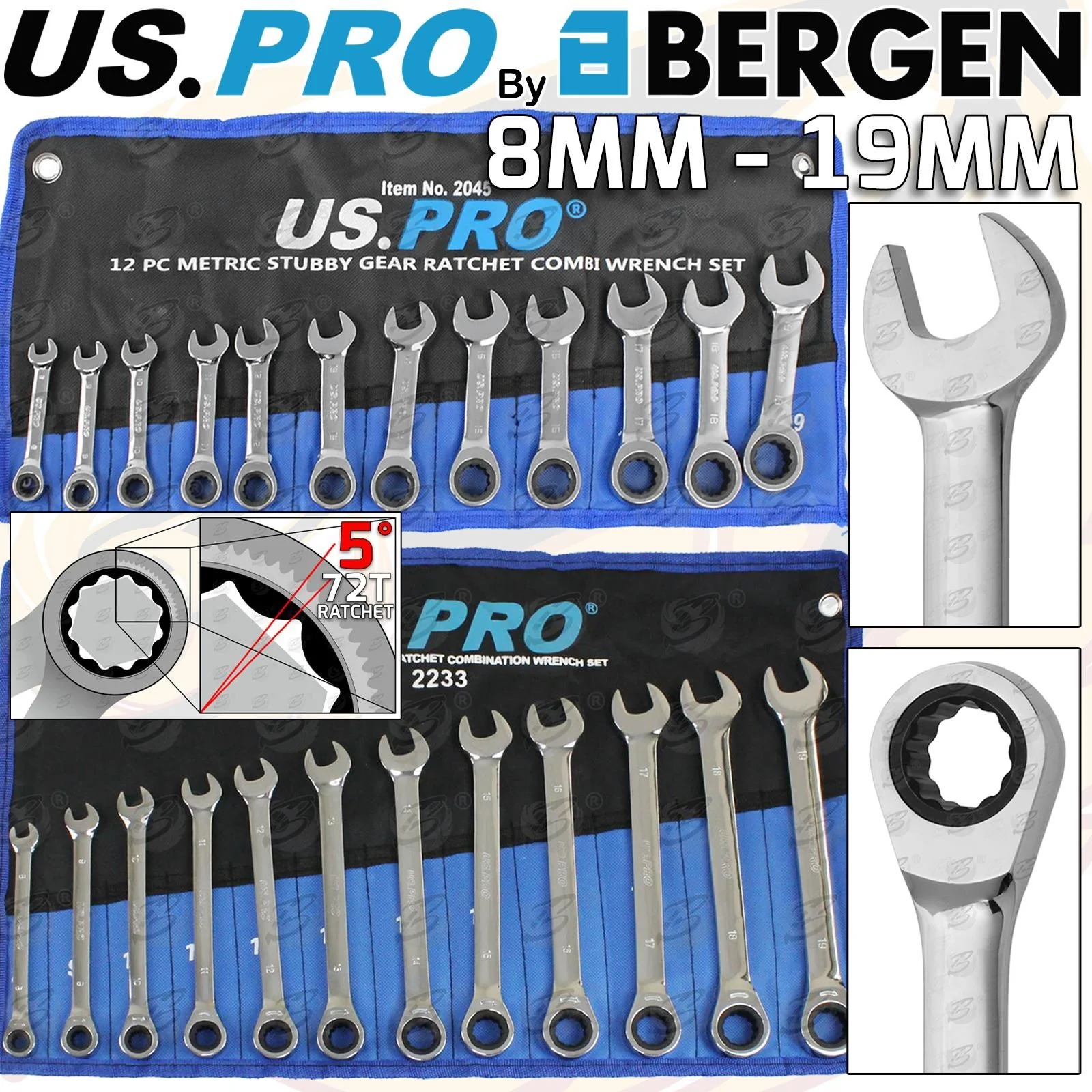 US Pro 24 Piece Spanner & Stubby Ratchet Spanner Set 8mm – 19mm  2045 & 2233