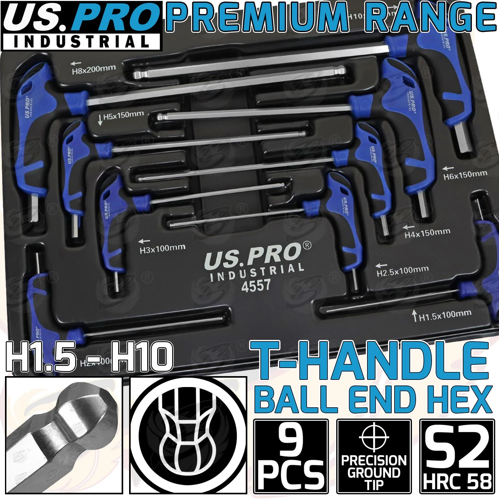 US Pro Industrial 9 Piece T Handle Ball End Hex Keys H1.5 – H10  4557