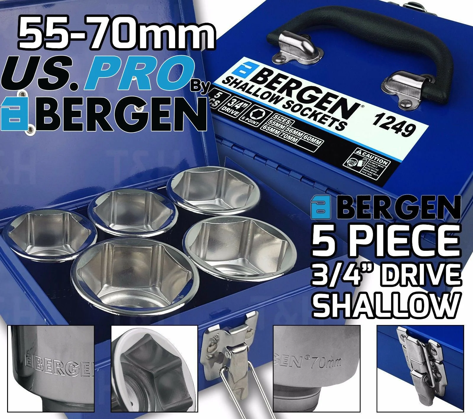 US PRO 5PCS 3/4″ DRIVE 6 POINT SHALLOW SOCKETS 55MM – 70MM