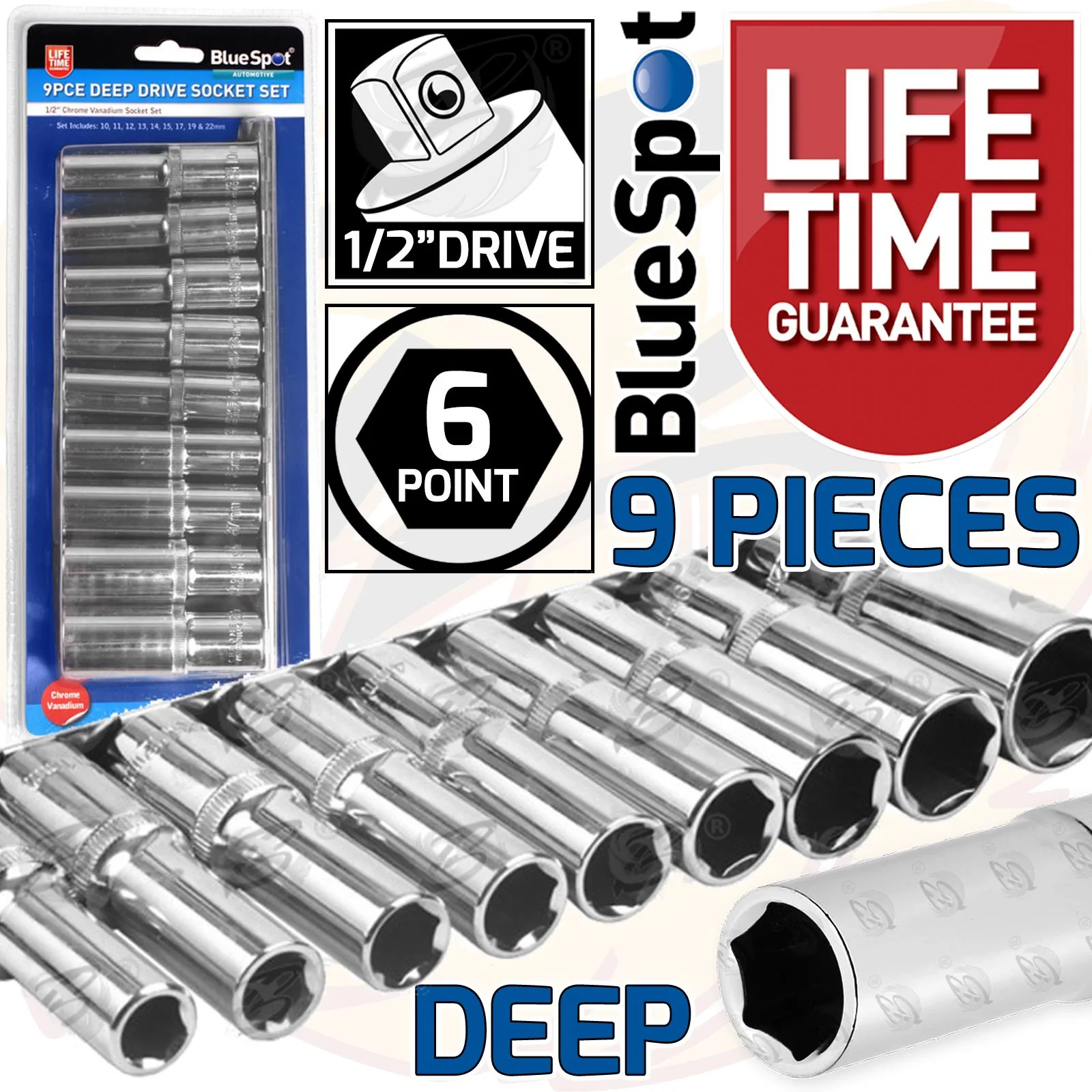 BlueSpot 9 Piece 1/2″ Drive 6 Point Deep Sockets 10mm – 22mm ( 01541 )