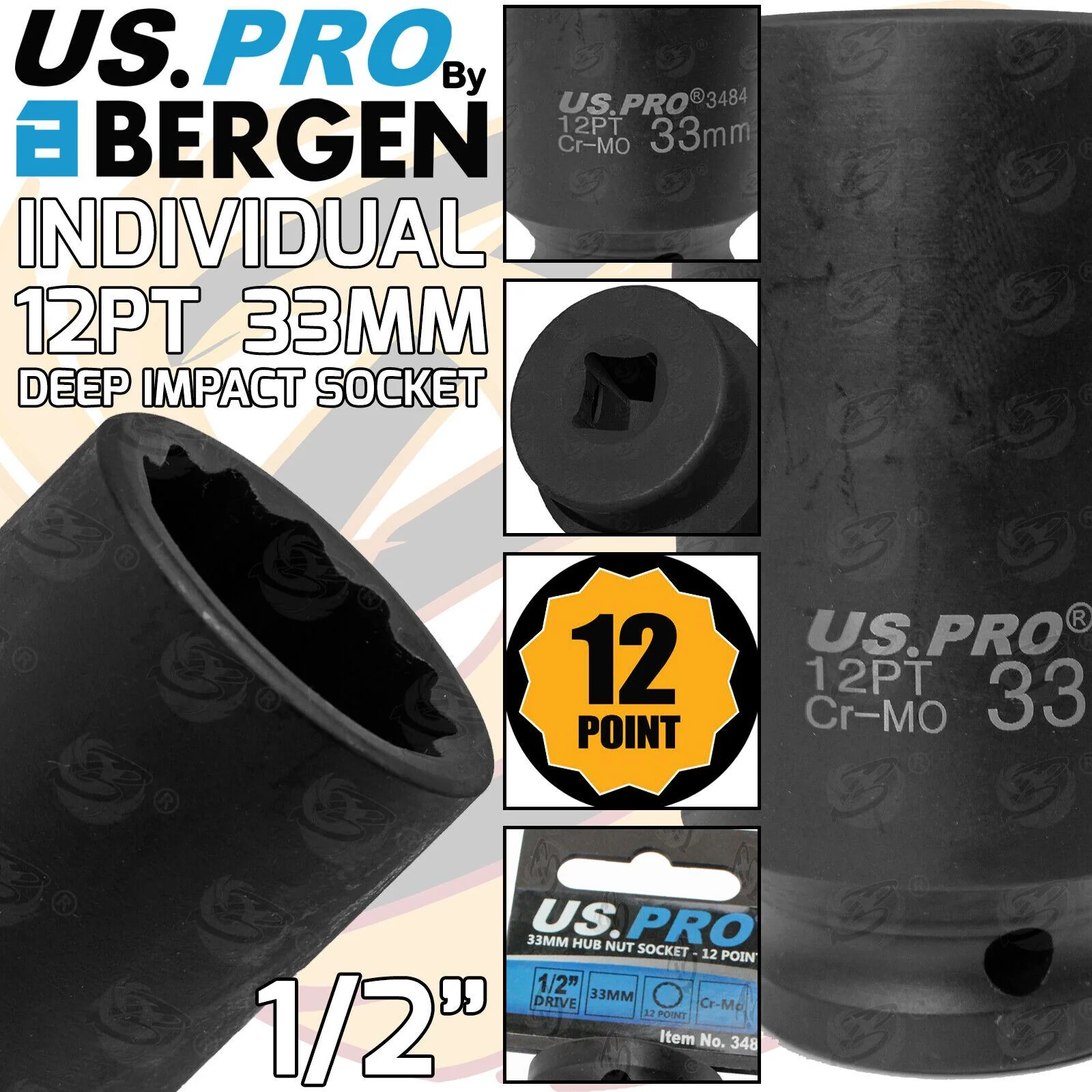 US Pro 33mm 1/2″ Drive 12 Point Deep Impact Socket ( Single )  3484