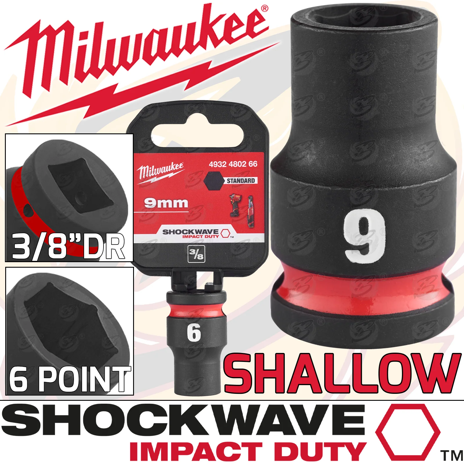 Milwaukee 9mm 3/8″ Drive 6 Point Shallow Impact Socket ( Single ) ( 4932480266 )