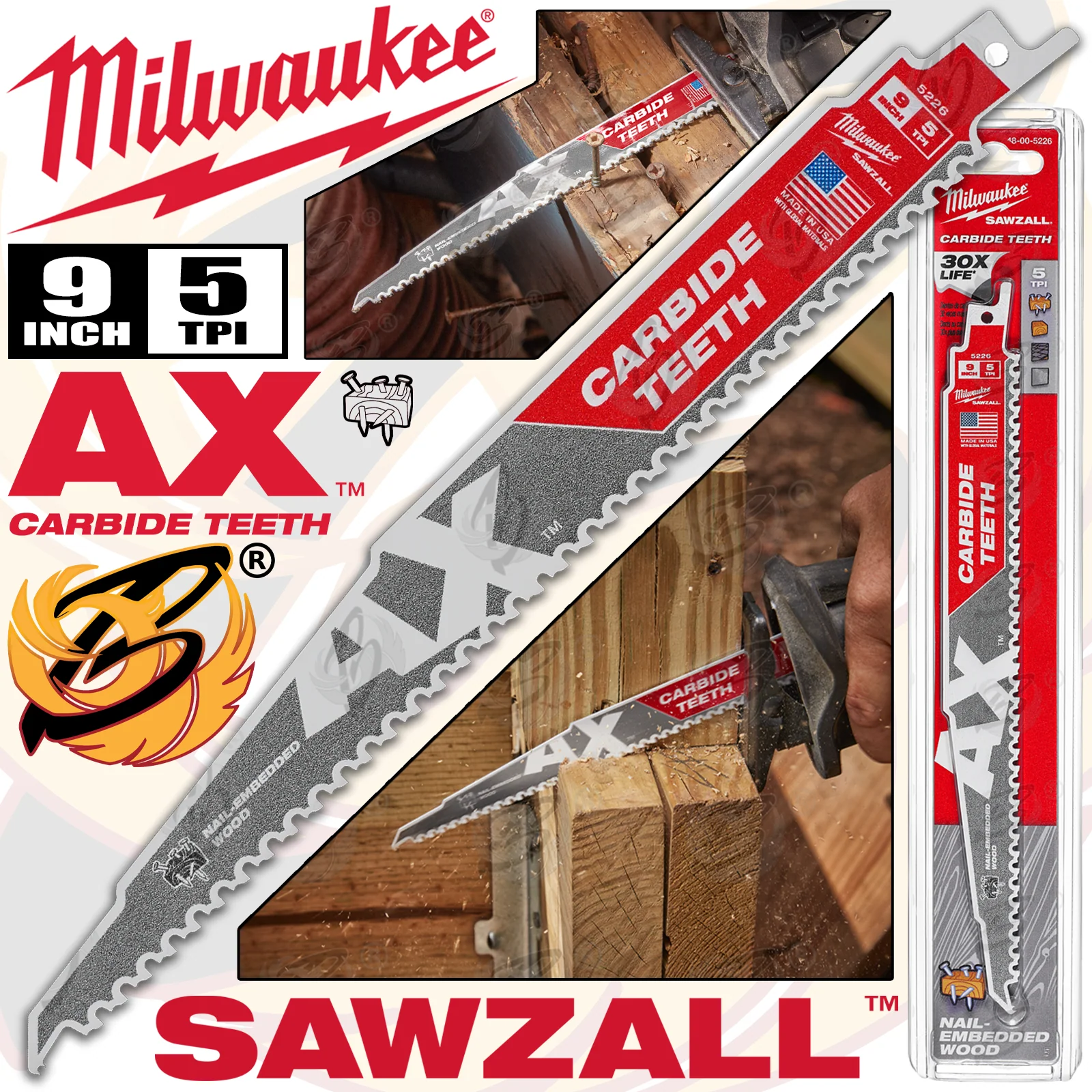 Milwaukee Sawzall Reciprocating Saw Blade 230mm x 5Tpi Tct Wood Saw Blades ( The Ax ) ( 48005226 )