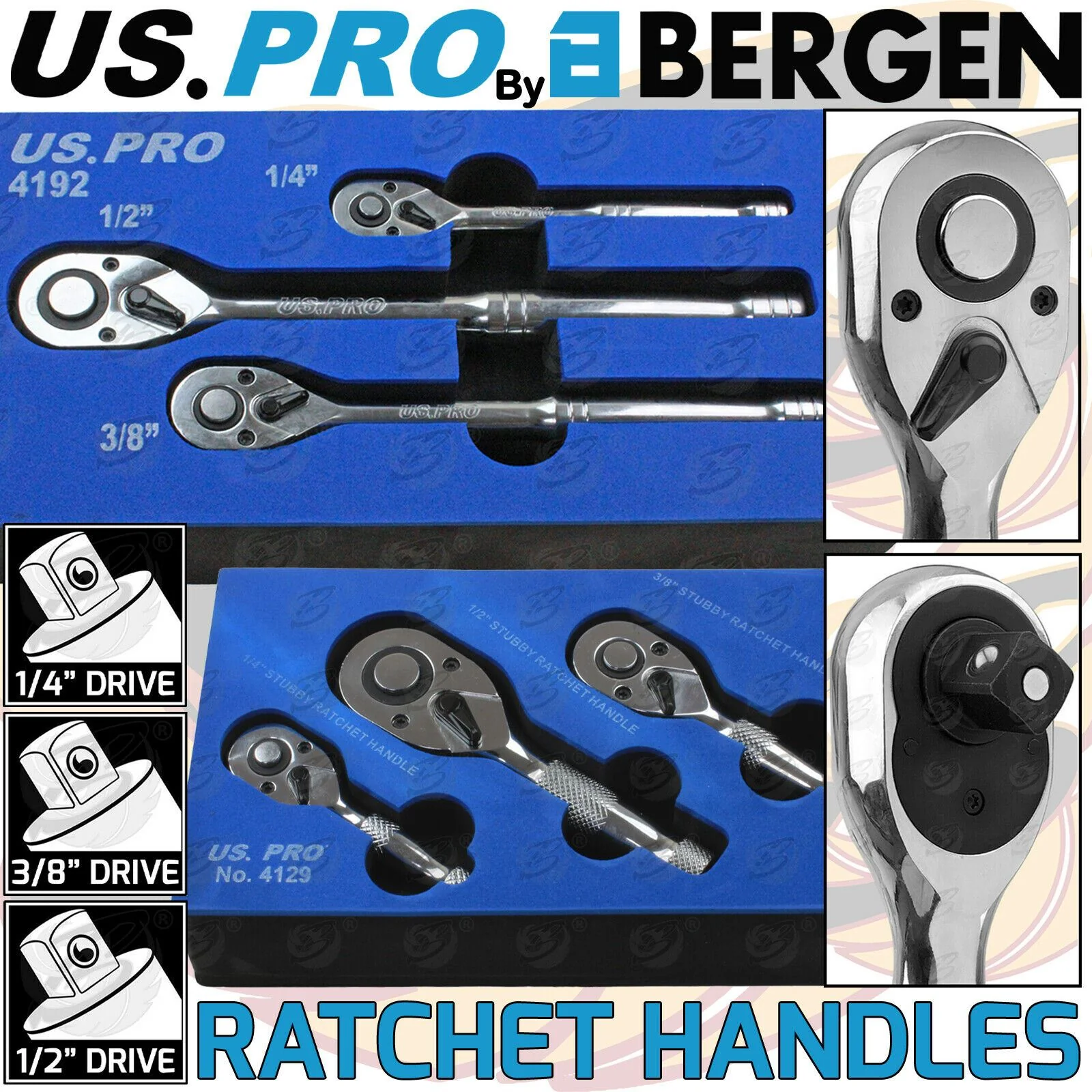 US PRO 6PCS 1/4″ & 3/8″ & 1/2″ DRIVE 72 TOOTH RATCHET HANDLE SET
