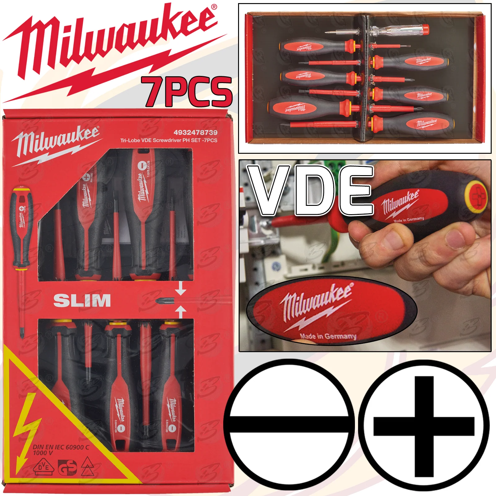 Milwaukee 7 Piece Tri – Lobe VDE Screwdriver Set ( Slotted – PHillips ) ( 4932478739 )