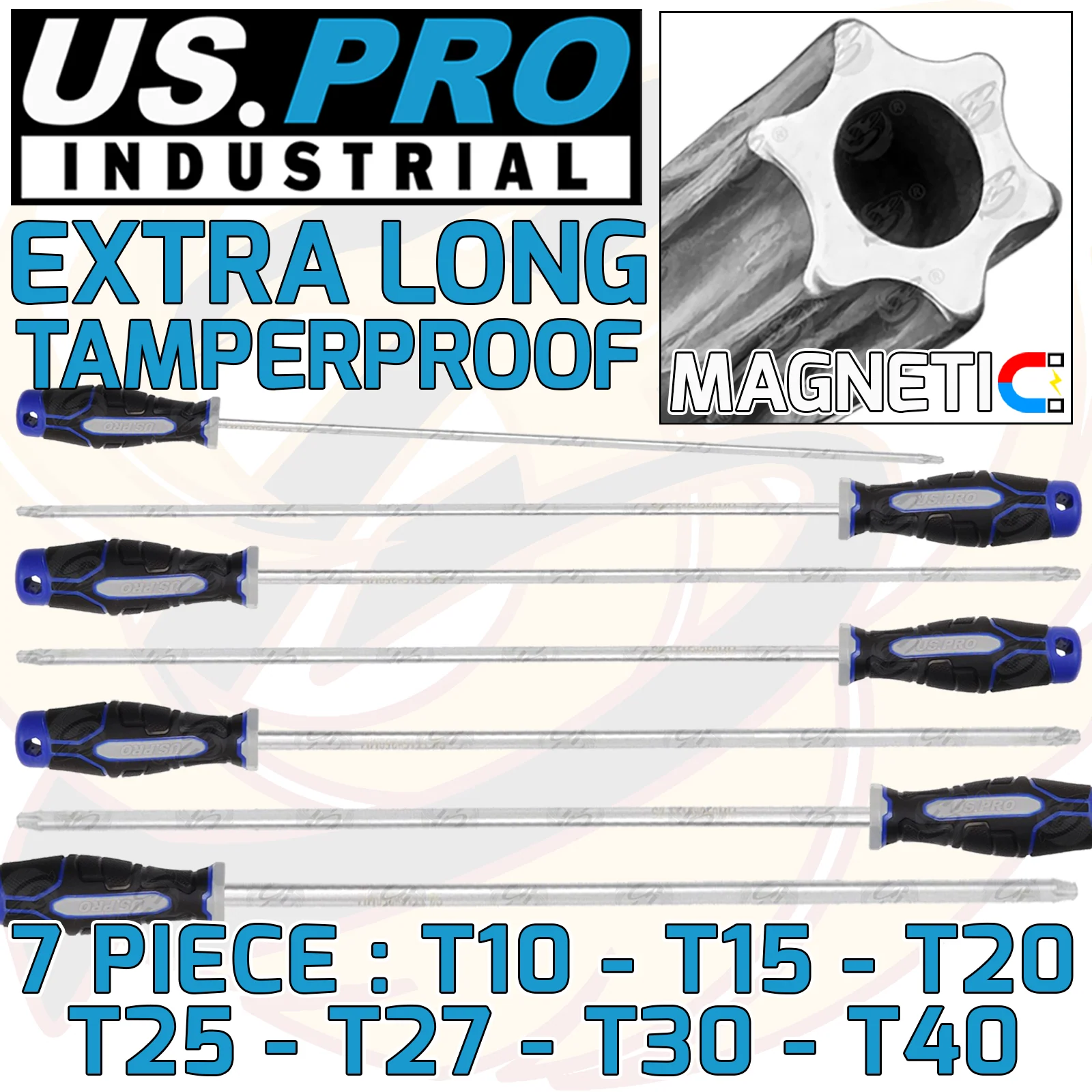 US Pro Industrial 7 Piece Extra Long Magnetic Tamper Proof Torx Screwdrivers T10 – T40  4616