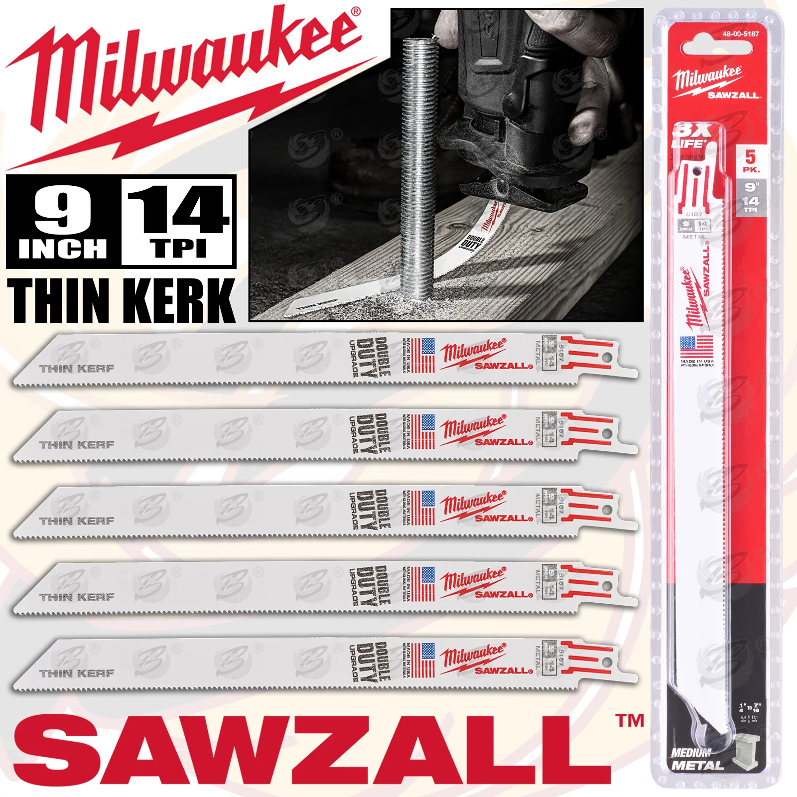 Milwaukee Sawzall Reciprocating Saw Blade 230mm x 14Tpi Metal Saw Blades ( x 5 ) ( 48005187 )