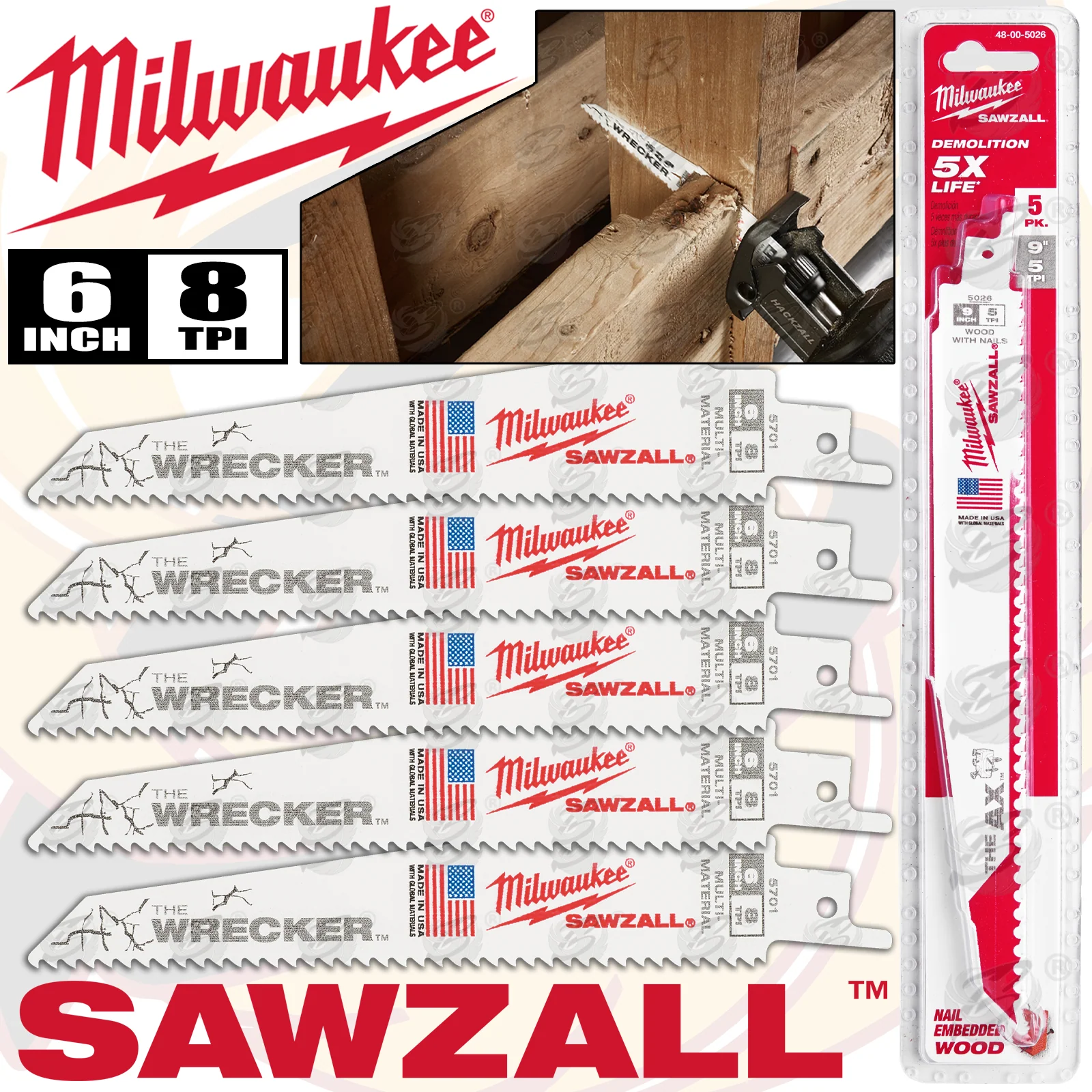 Milwaukee Sawzall Reciprocating Saw Blade 150mm x 8Tpi Multi Material Saw Blades ( The Wrecker ) ( x 5 ) ( 48005701 )