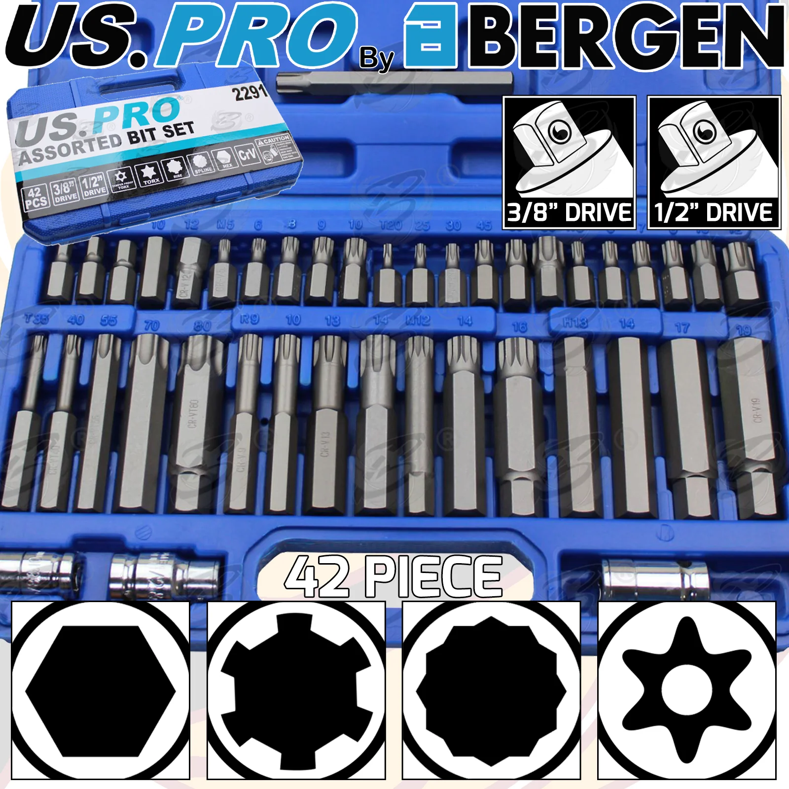 US Pro 42 Piece Hex – Torx – Spline – Ribe Bit Sockets  2291