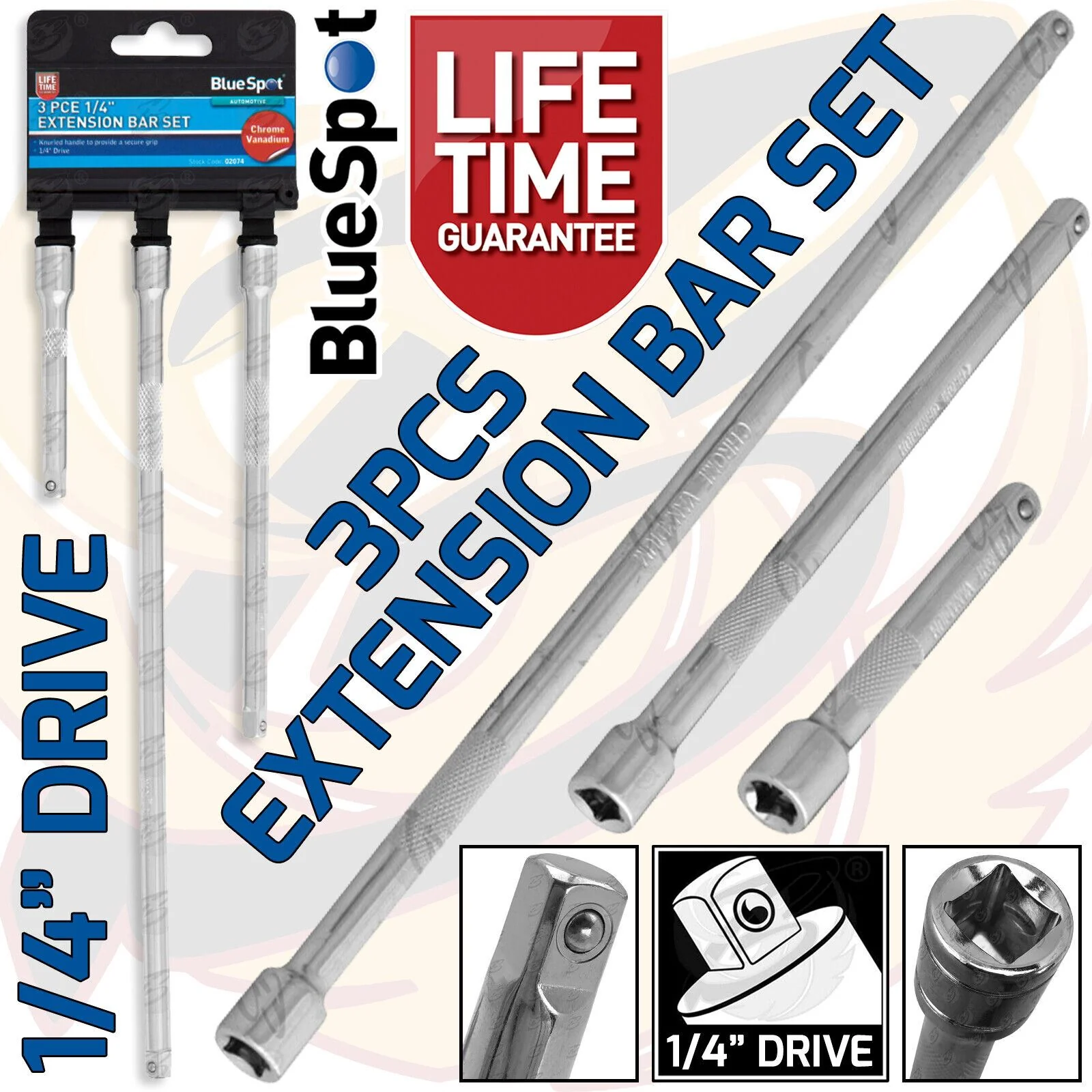 BlueSpot 3 Piece 1/4″ Drive Extra Long Extension Bars 75mm – 250mm ( 02074 )