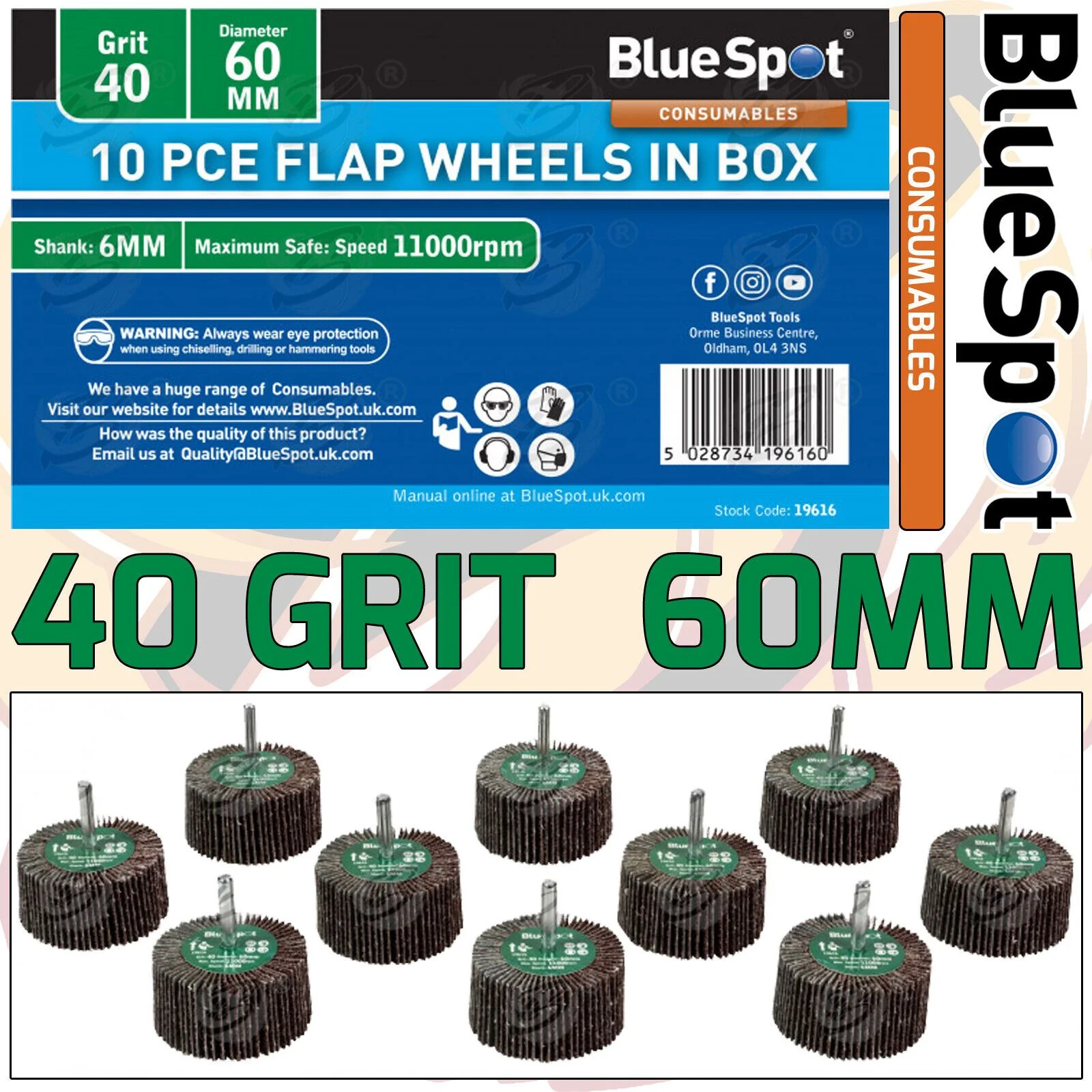 BlueSpot 10 Piece Flap Wheel Discs ( 40 Grit – 60mm ) ( 19616 )